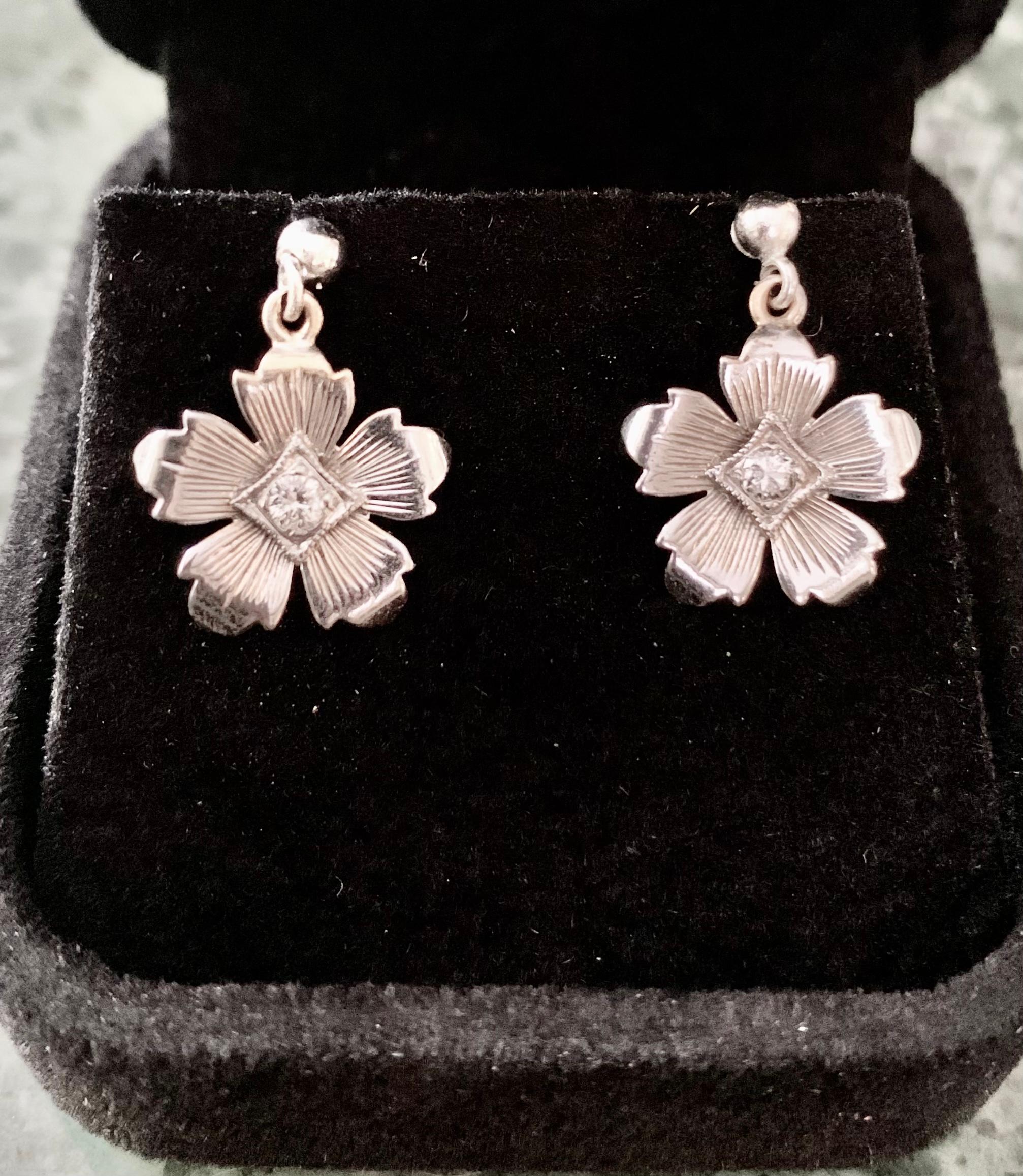 Romantic Forget Me Not Diamond 14K White Gold Flower Dangle Earrings For Sale