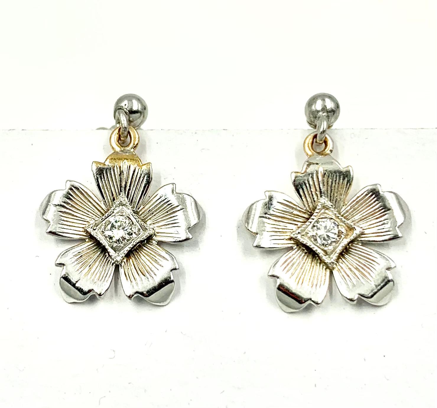 Old European Cut Forget Me Not Diamond 14K White Gold Flower Dangle Earrings For Sale