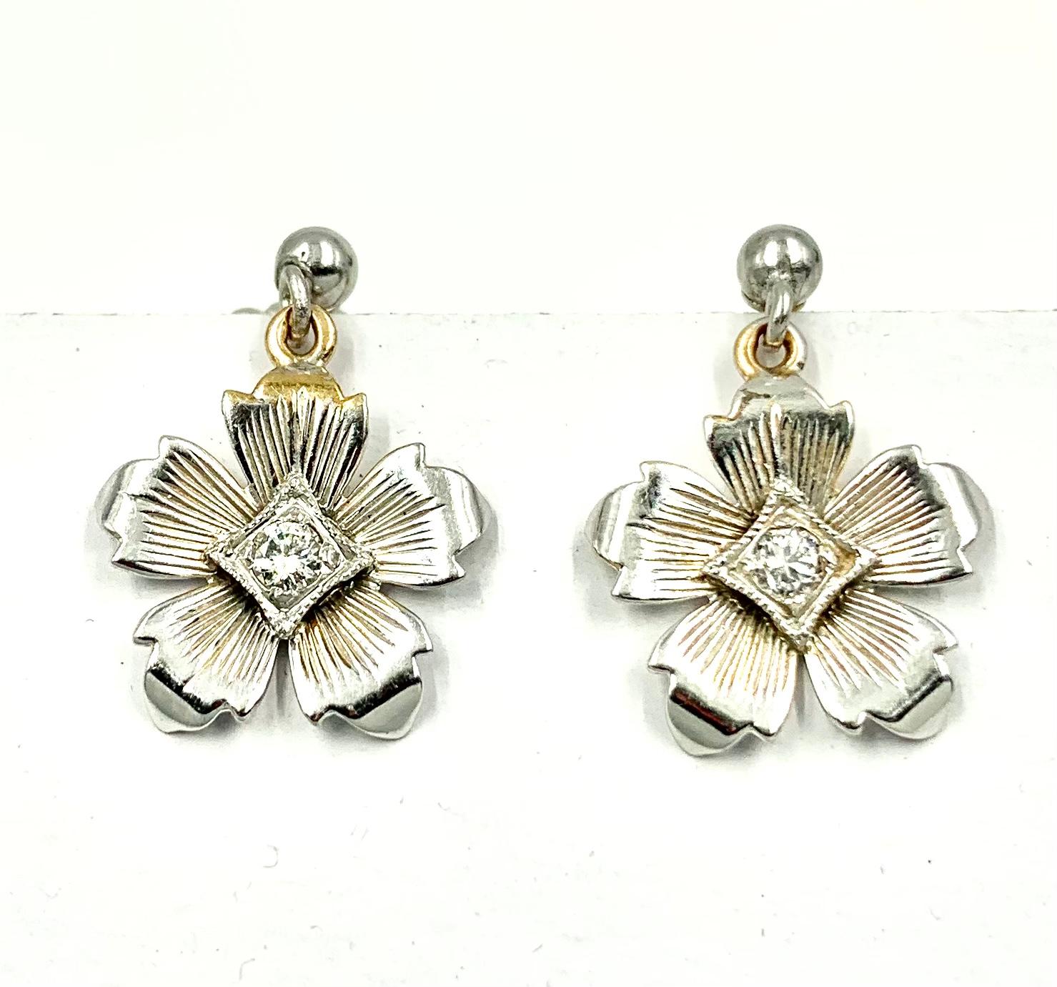 Old European Cut Diamond 14K White Gold Forget-Me-Not Flower Dangle Earrings For Sale