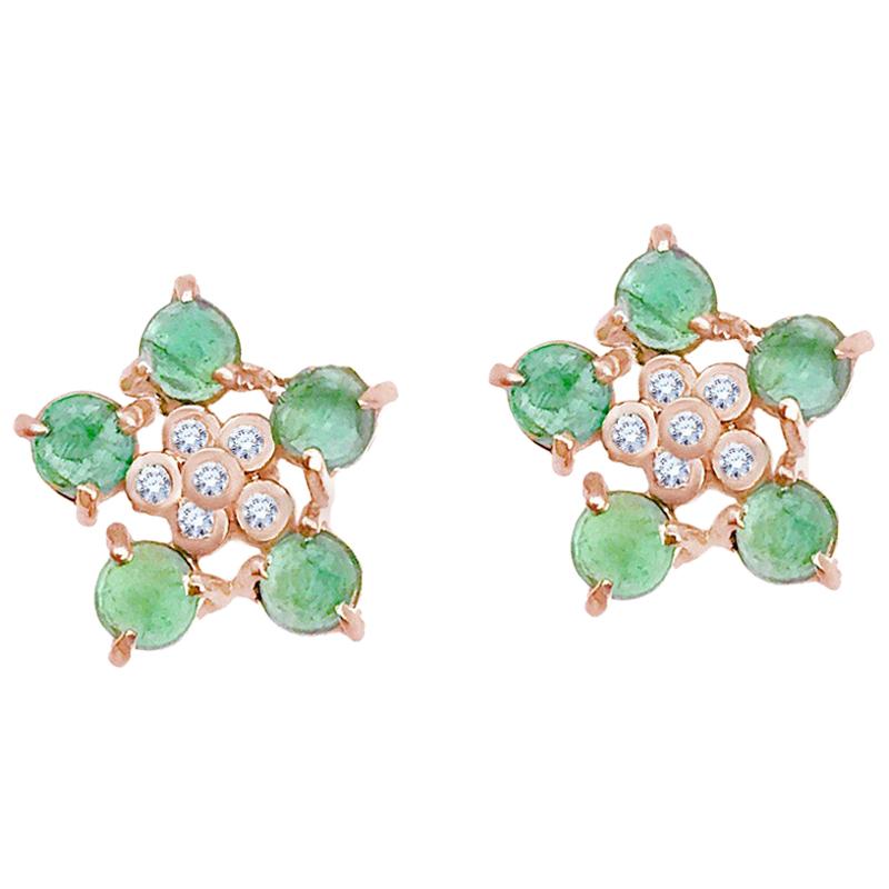 Forget-Me-Not Emerald and Diamond Flower Studs 18 Karat For Sale