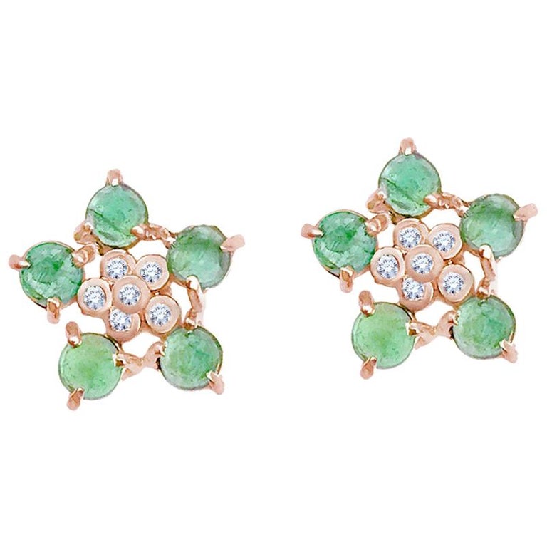Forget-Me-Not Emerald and Diamond Flower Studs 18 Karat For Sale at 1stDibs