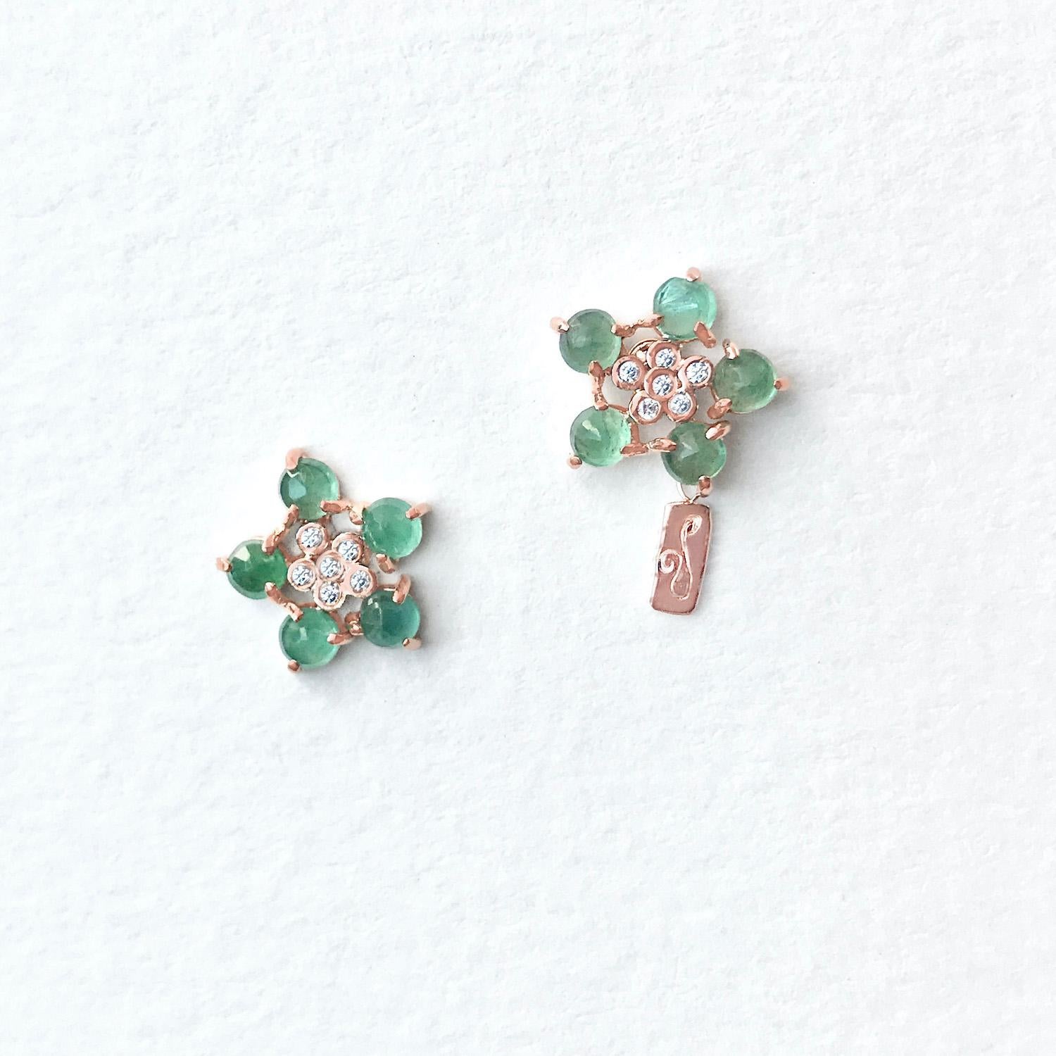 Round Cut Forget-Me-Not Emerald and Diamond Flower Studs 18 Karat For Sale