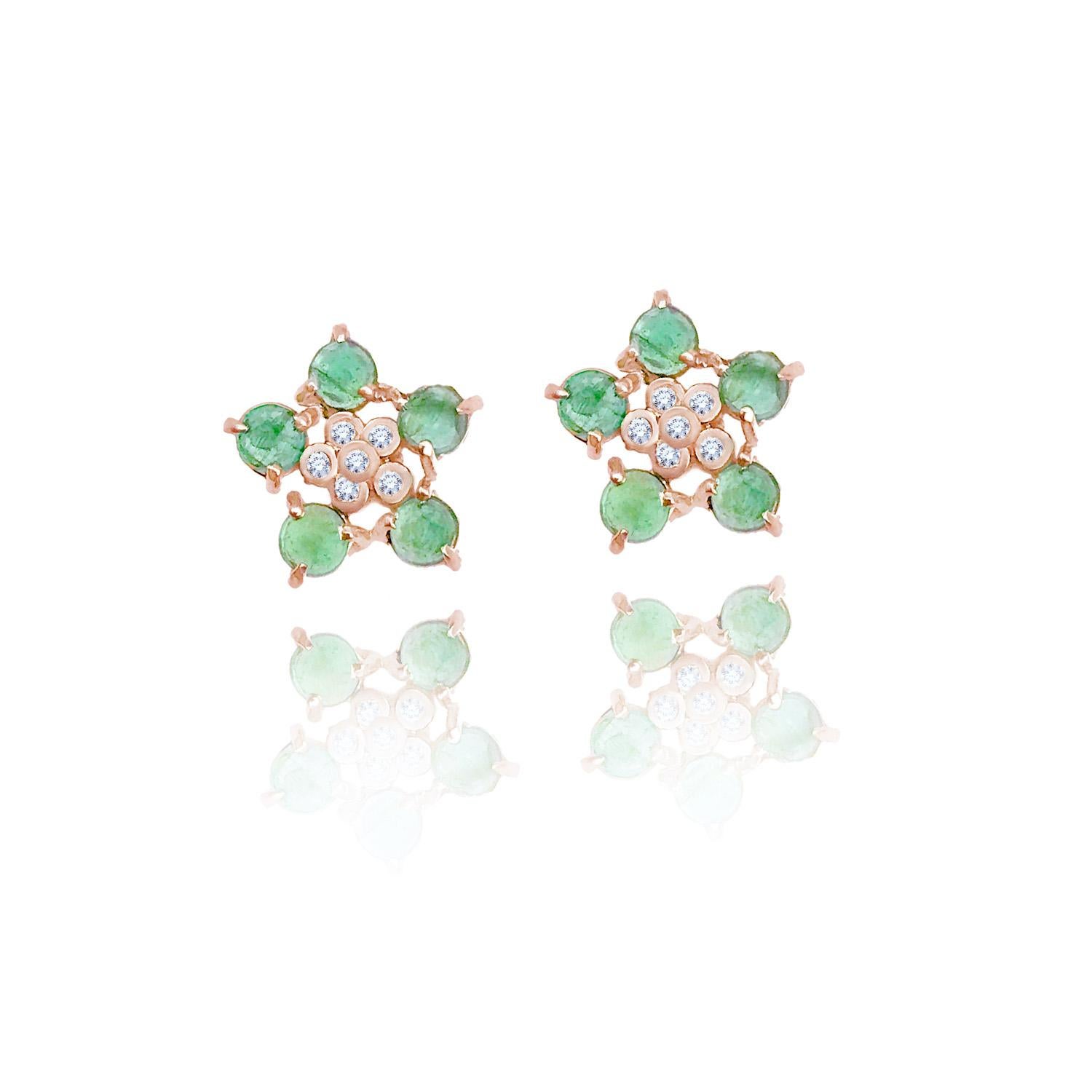 Forget-Me-Not Emerald and Diamond Flower Studs 18 Karat For Sale 2