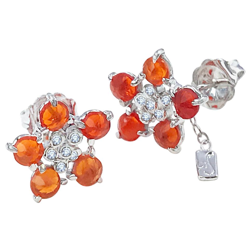 Forget-Me-Not Fire Opal and Diamond Flower Studs 18 Karat For Sale