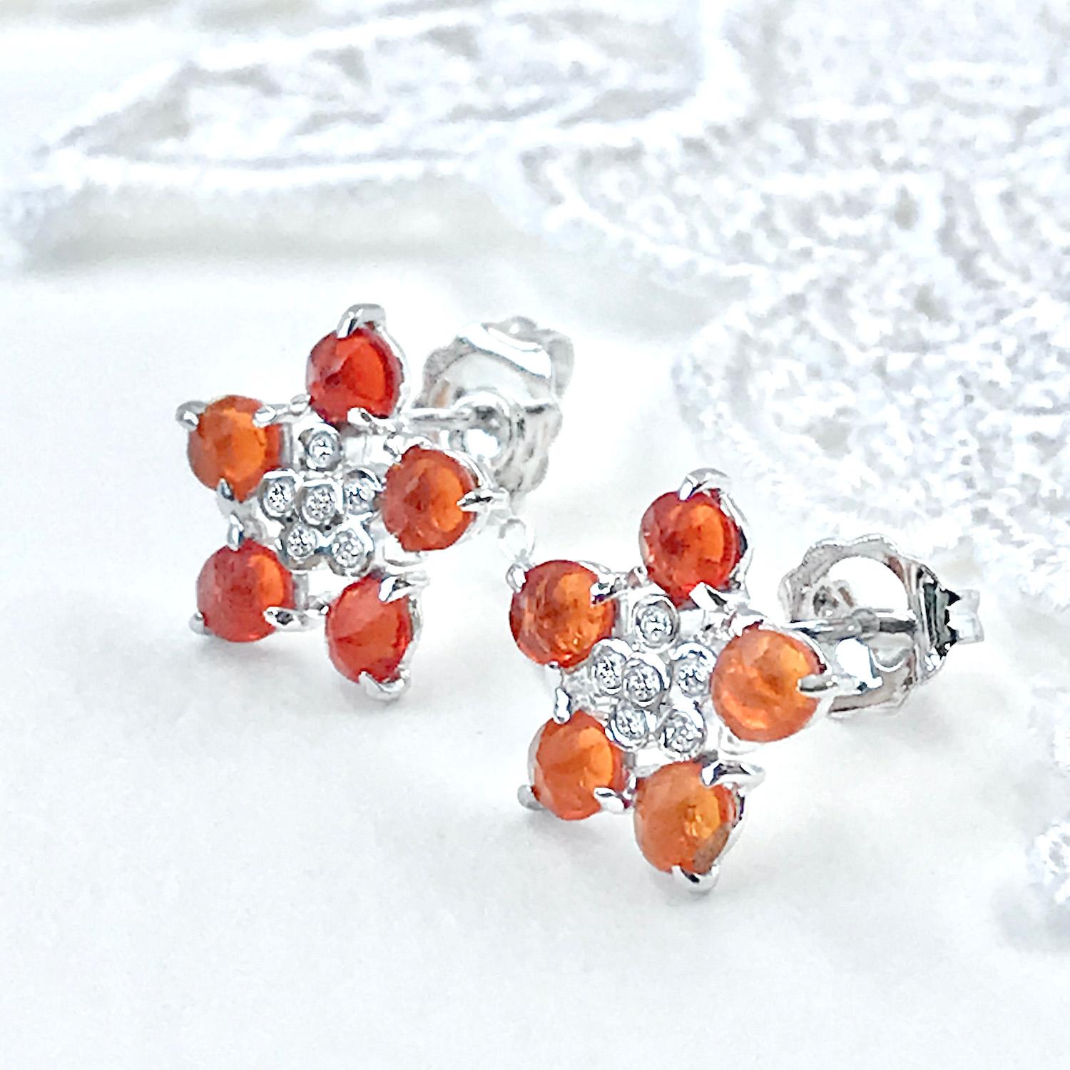 Contemporary Forget-Me-Not Fire Opal and Diamond Flower Studs 18 Karat For Sale
