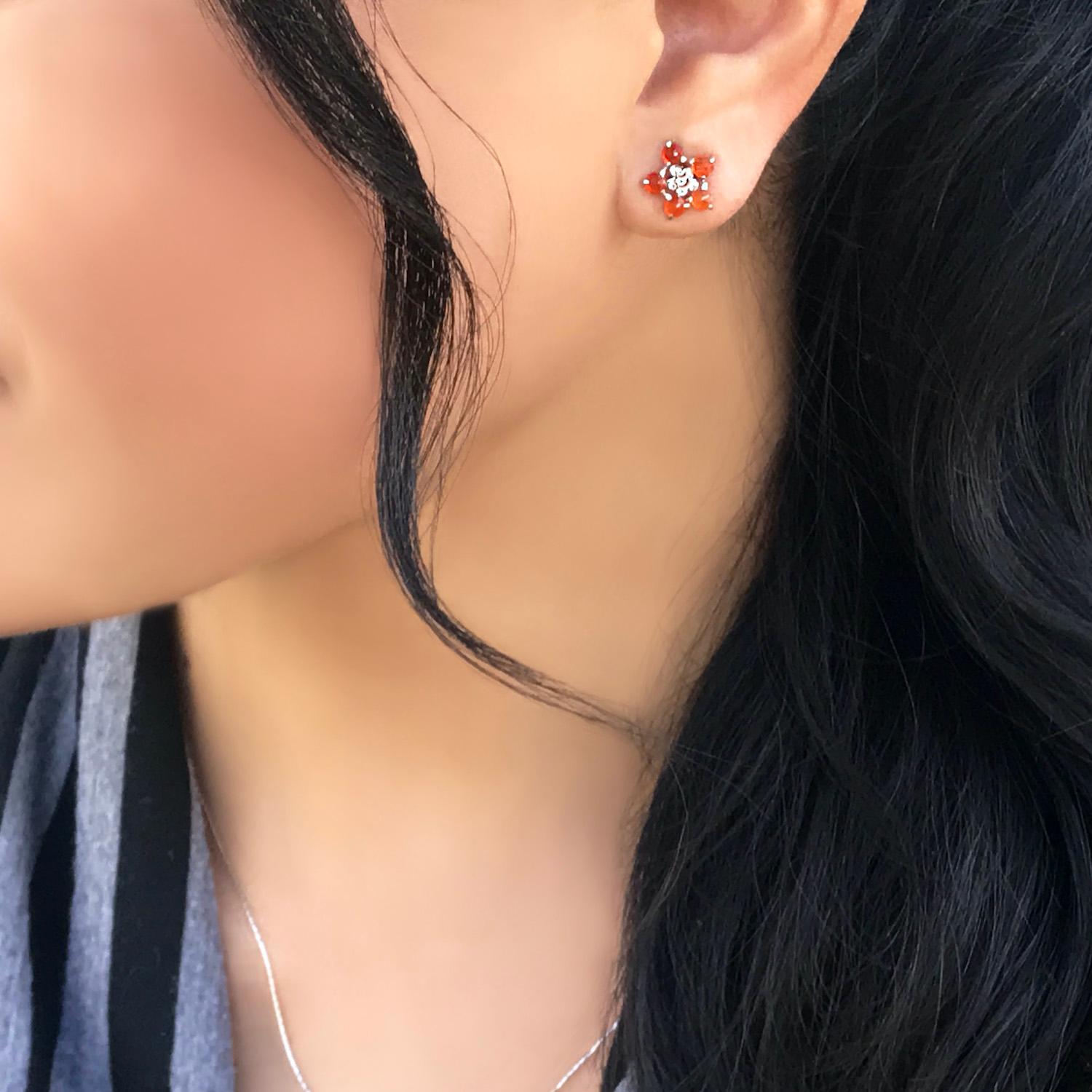 Round Cut Forget-Me-Not Fire Opal and Diamond Flower Studs 18 Karat For Sale