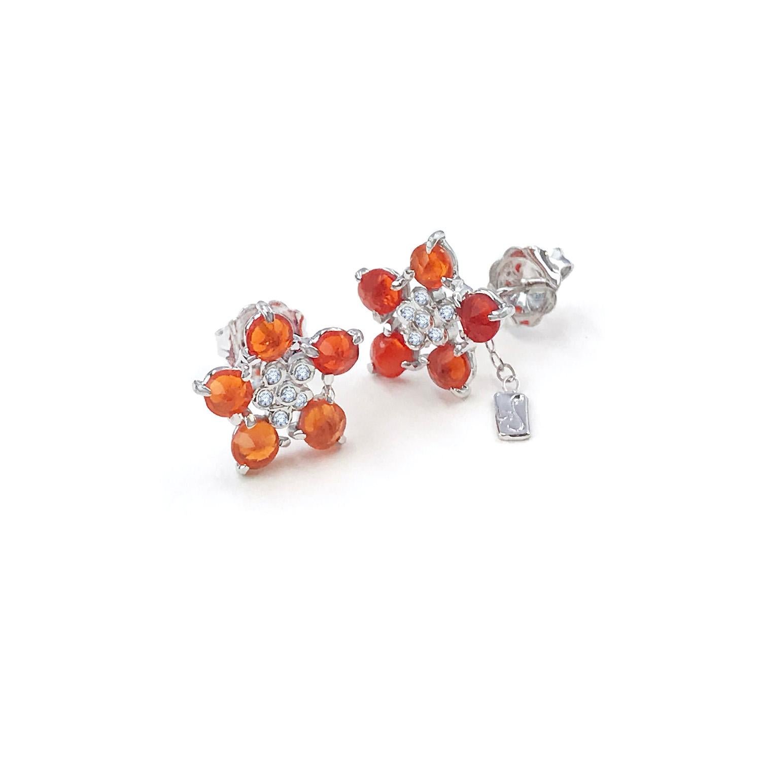 Forget-Me-Not Fire Opal and Diamond Flower Studs 18 Karat For Sale 1