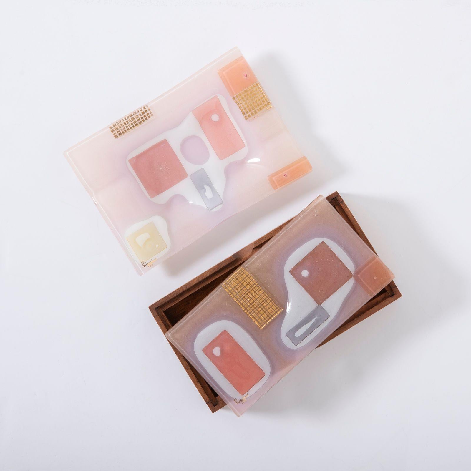 Incredible matching handcrafted Forget Me Not  lided box with matching ash tray. This handcrafted set is in excellent condition and is comprised of fused glass with a pieced pattern in pinks with gold decoration.