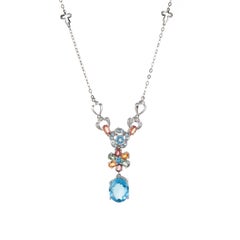 Forget Me Not Rainbow Sapphire Diamond Flower Drop Necklace Estate Jewelry