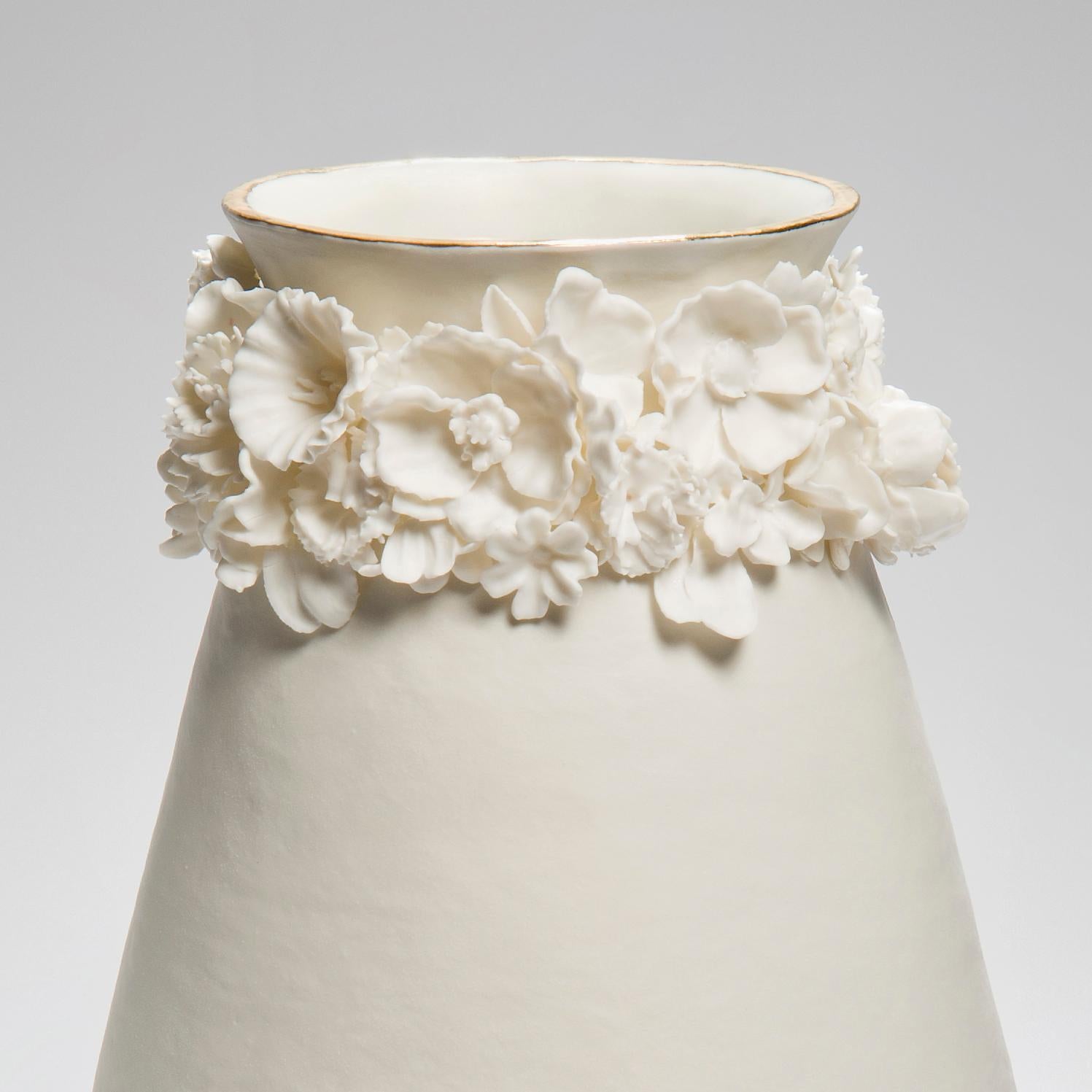British Forget Me Not Tall Vase in Porcelain and Gold, Floral Artwork by Amy Hughes