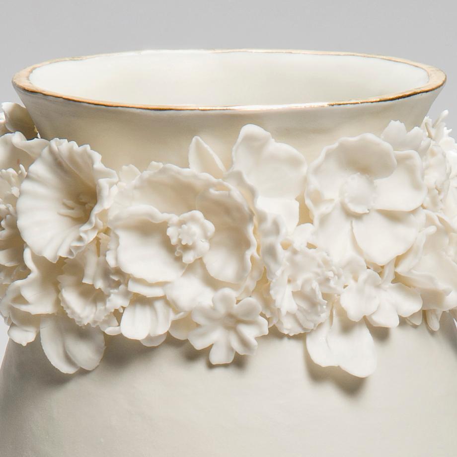Hand-Crafted Forget Me Not Tall Vase in Porcelain and Gold, Floral Artwork by Amy Hughes