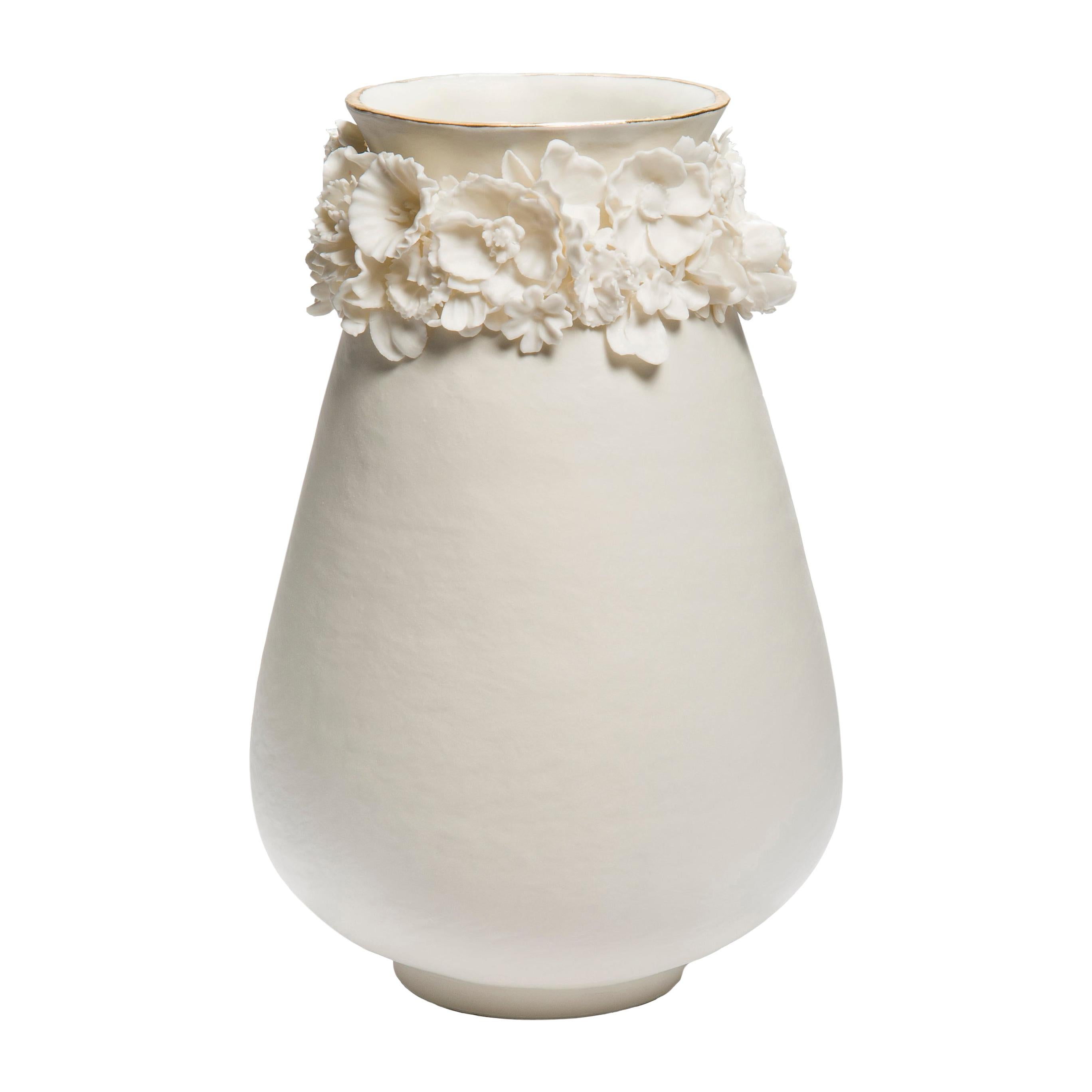 Forget Me Not Tall Vase in Porcelain and Gold, Floral Artwork by Amy Hughes