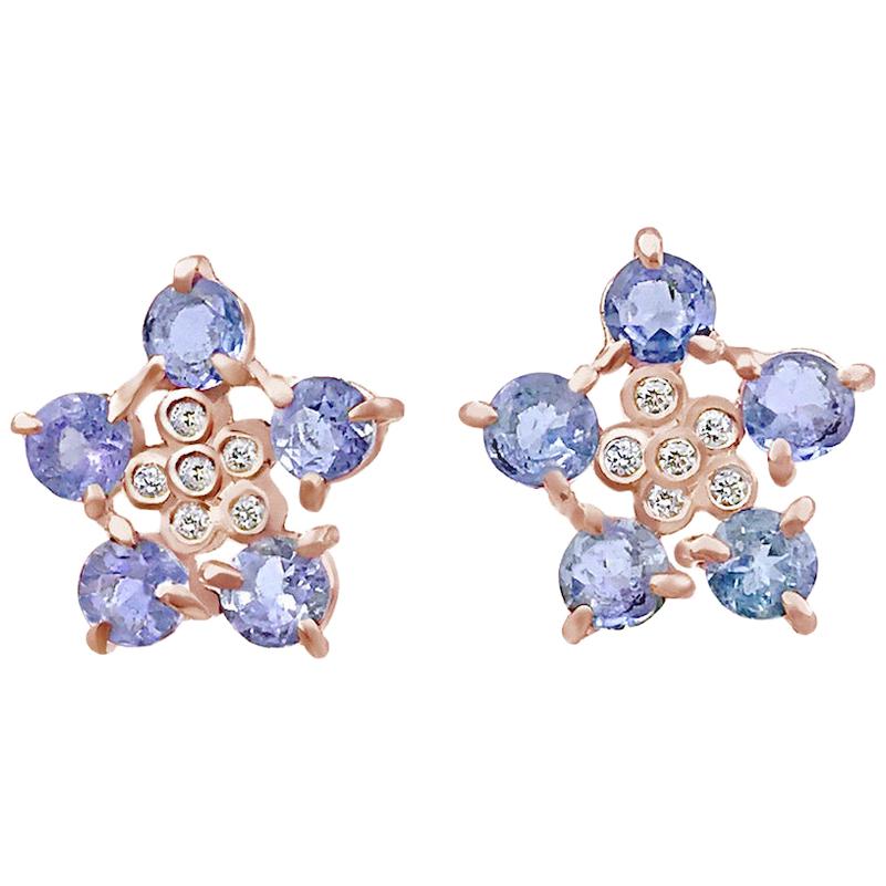 Forget-Me-Not Tanzanite and Diamond Flower Studs 18 Karat For Sale