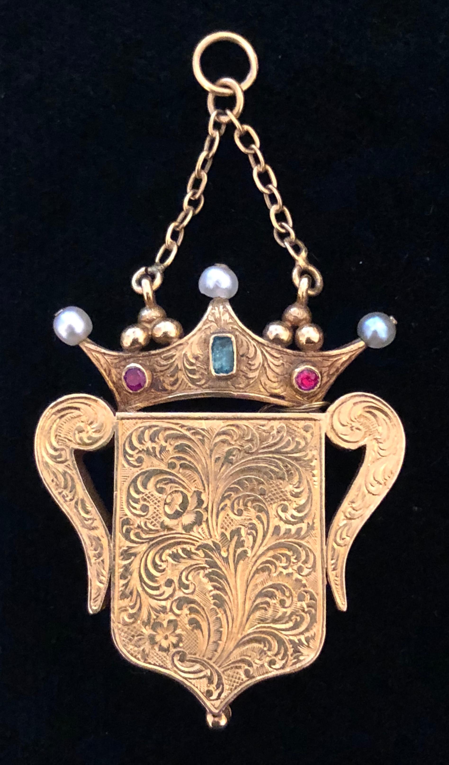Antique Forget Me Not Vinaigrette Crown Pearl Emerald Ruby Gold Locket Pendant For Sale 5