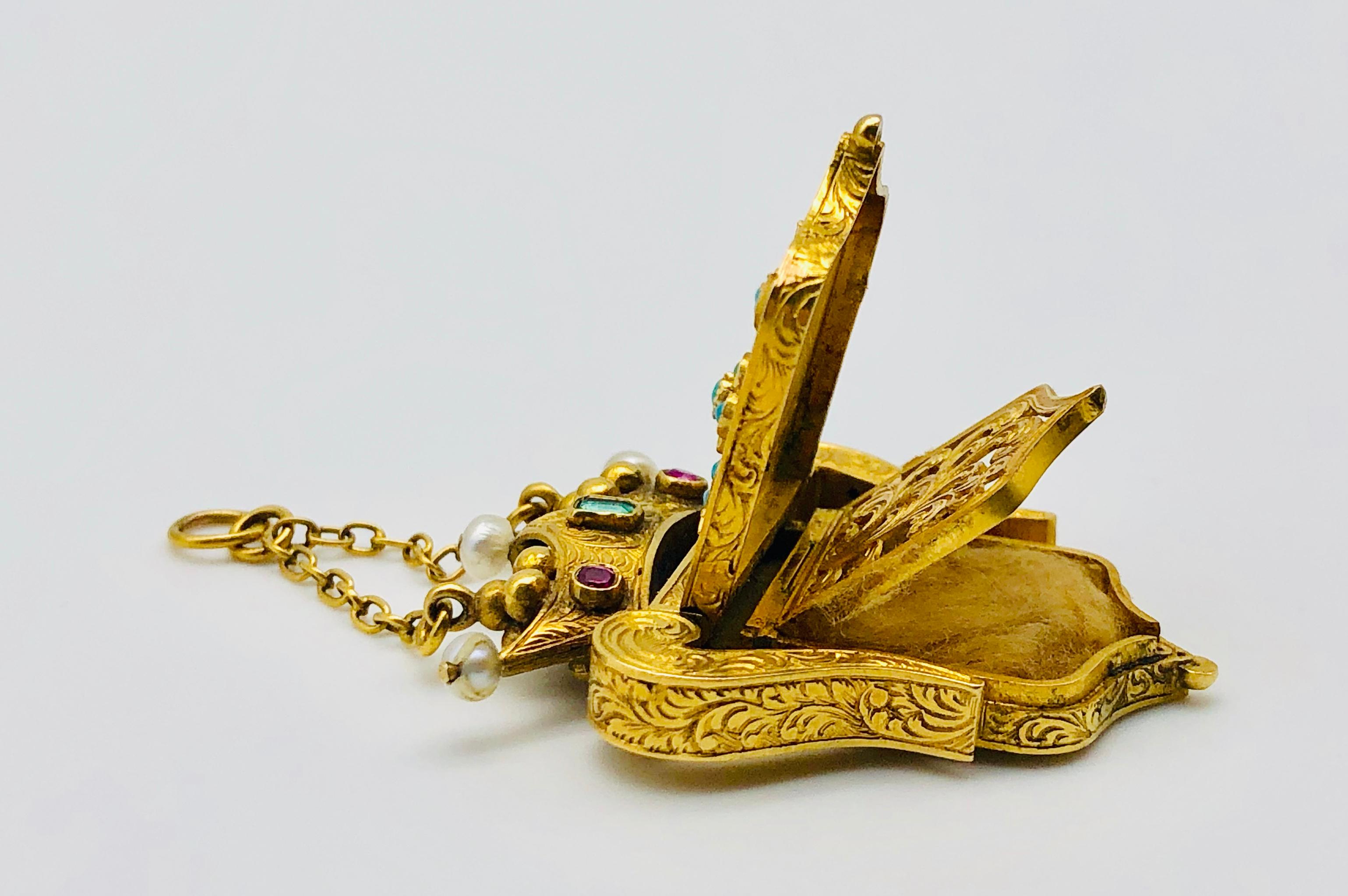 Antique Forget Me Not Vinaigrette Crown Pearl Emerald Ruby Gold Locket Pendant For Sale 2