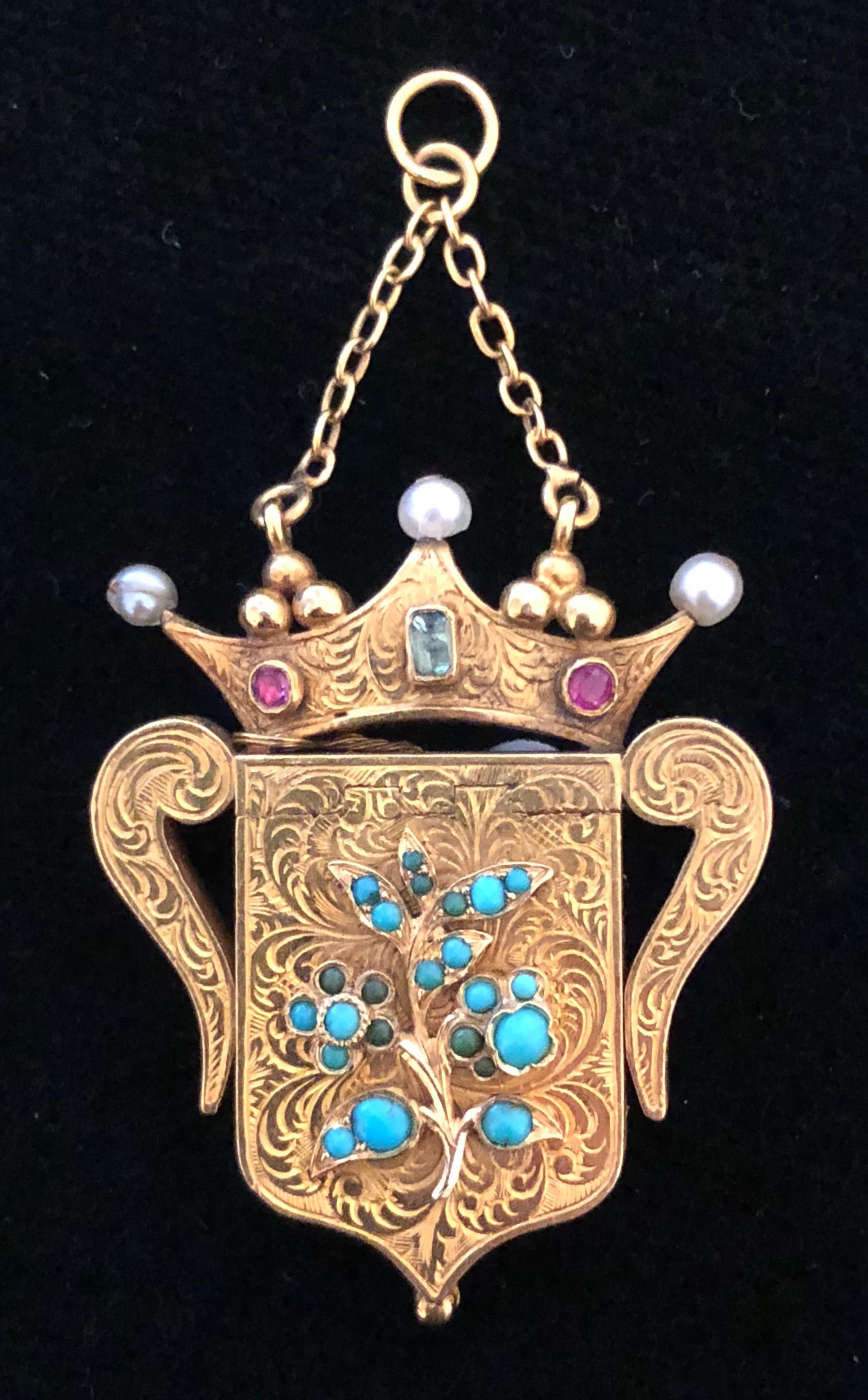 Antique Forget Me Not Vinaigrette Crown Pearl Emerald Ruby Gold Locket Pendant For Sale 4