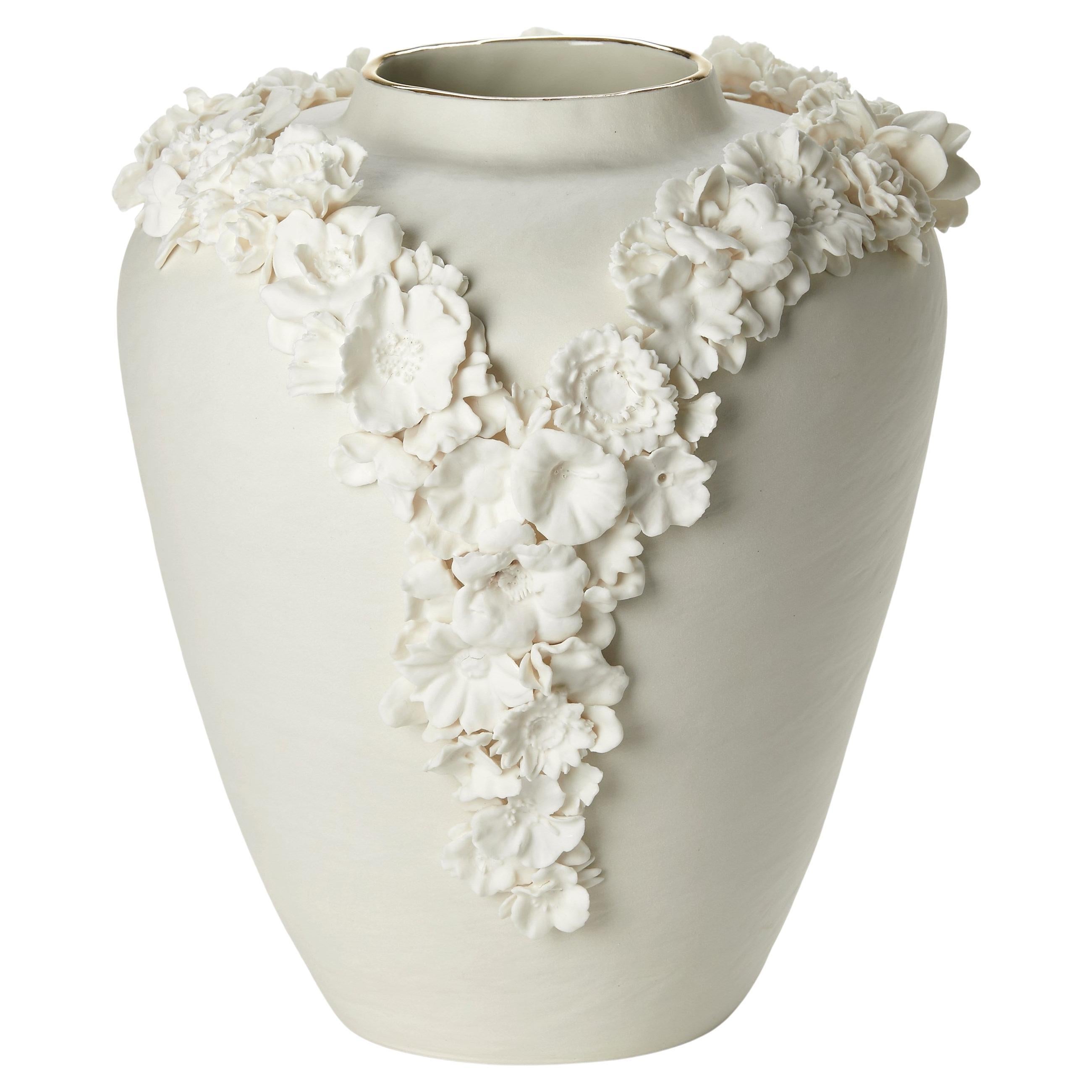 Forget Me Not XII, a porcelain & gold lustre flower adorned vase by Amy Hughes