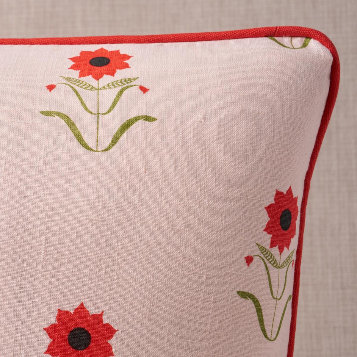 This pillow features Forget Me Nots by Peg Norriss. Forget Me Nots fabric derives its simple stylized floral pattern from a painting by artist Clare Rojas. A unique interpretation of a familiar motif, this medium-scale print works in traditional and