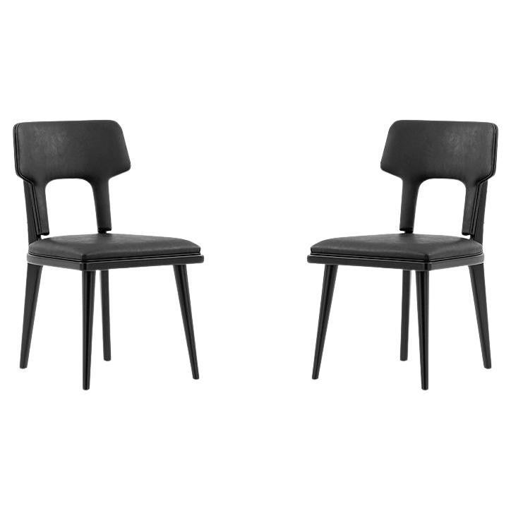 Pair of Black Matte, Faux Leather Dining Chairs, Sleek Modern Design - Fork Line