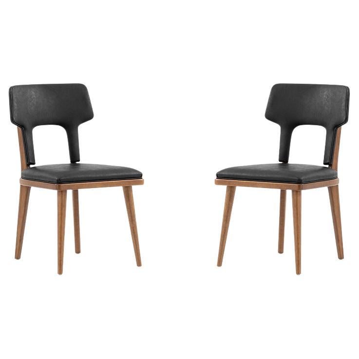 Fork Dining Chair in Black Fabric and Almond Oak Wood Finish, Set of 2