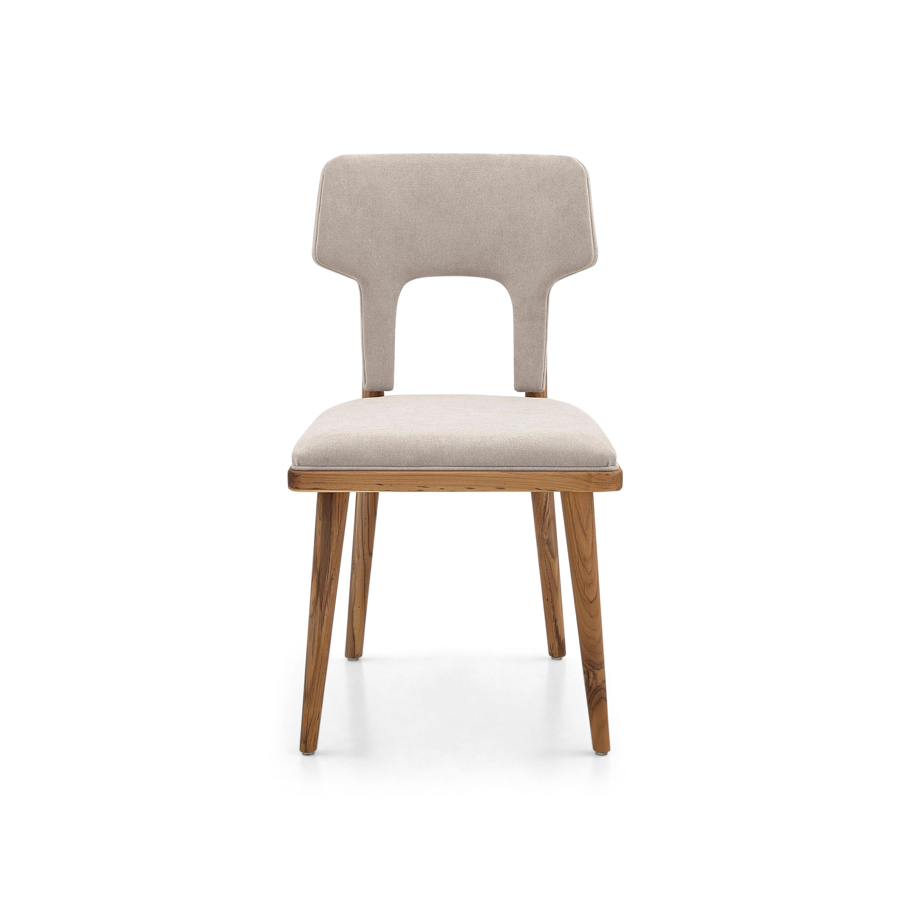 Brazilian Fork Dining Chair in Light Beige Fabric and Teak Wood Finish, Set of 2 For Sale