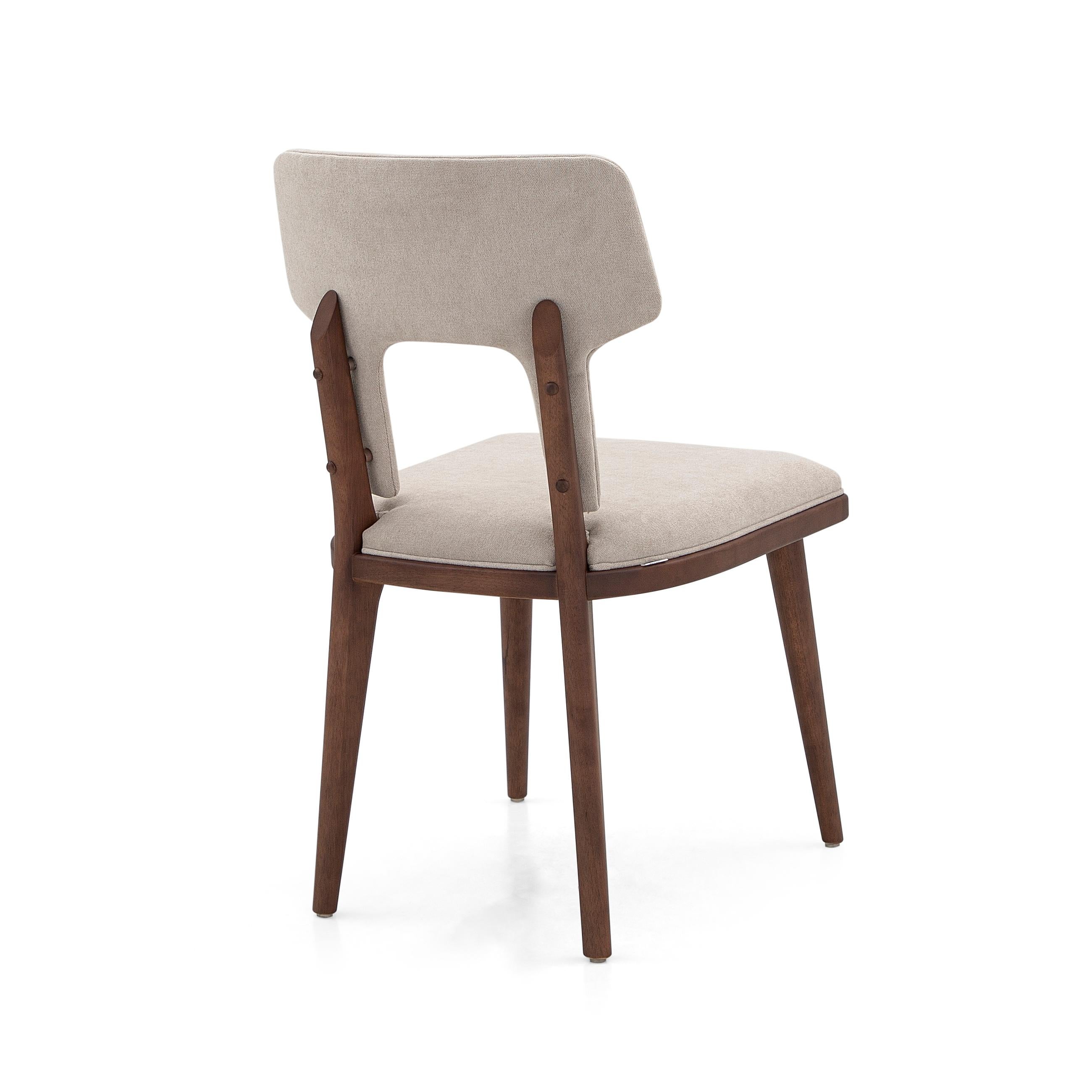 Brazilian Fork Dining Chair in Light Beige Fabric and Walnut Wood Finish, Set of 2 For Sale