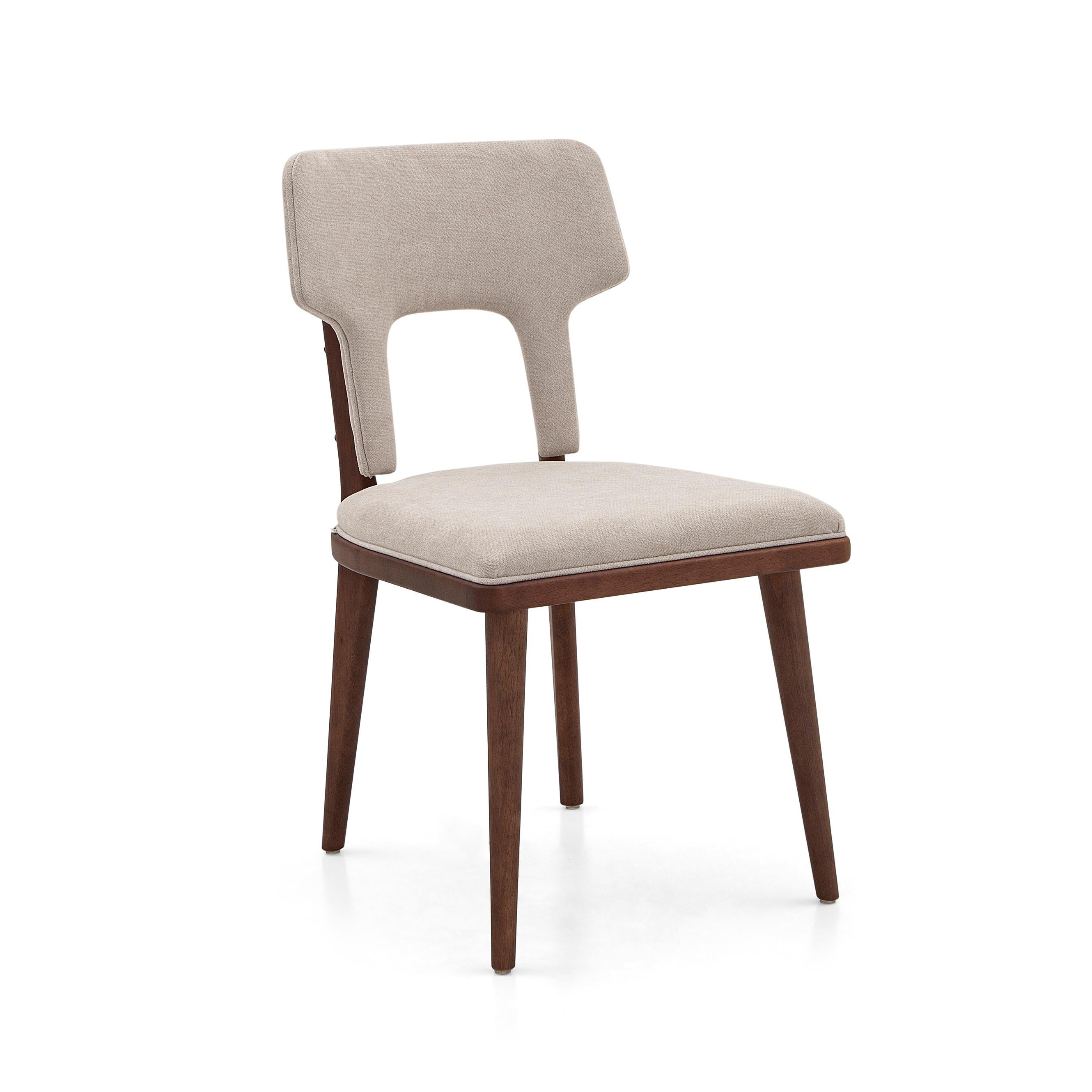Contemporary Fork Dining Chair in Light Beige Fabric and Walnut Wood Finish, Set of 2 For Sale