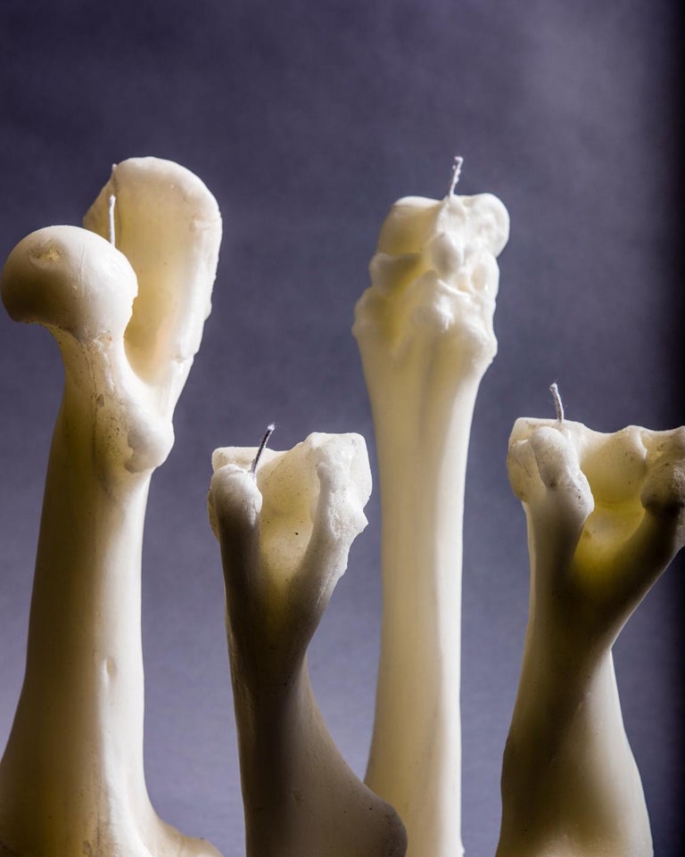 Fork handles, four candles handmade from casts of the big bones of farmer Tom Jones prize Hereford heifer.


Developed in the studio of artists Ivan Morison and Heather Peak Morison; Tangentially inspired by a growing impulse to escape from