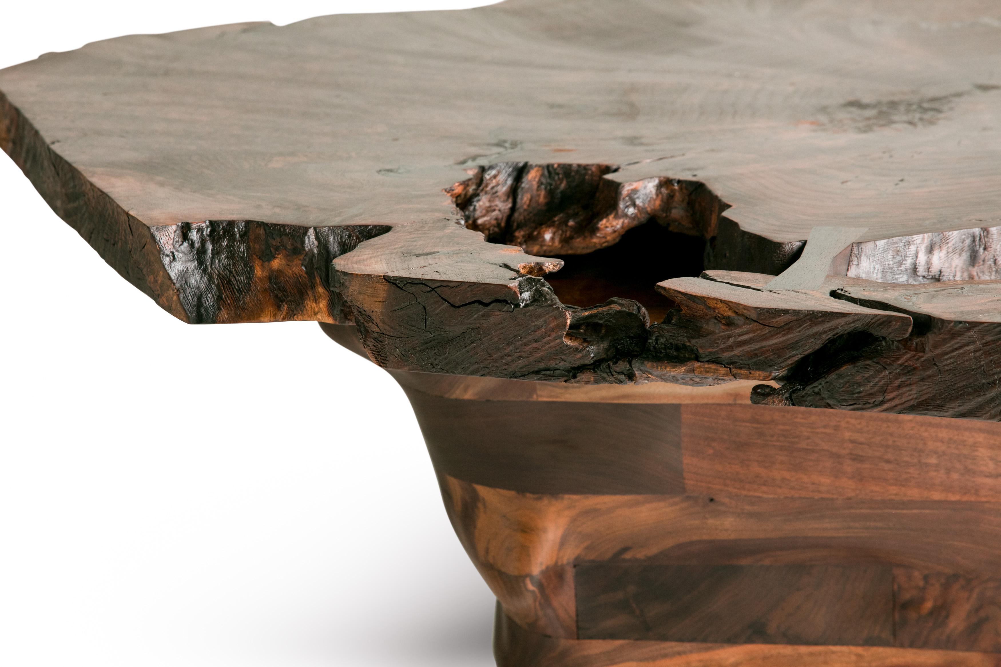 Contemporary Form Table 004 in Claro Walnut with Gabon Ebony Details For Sale