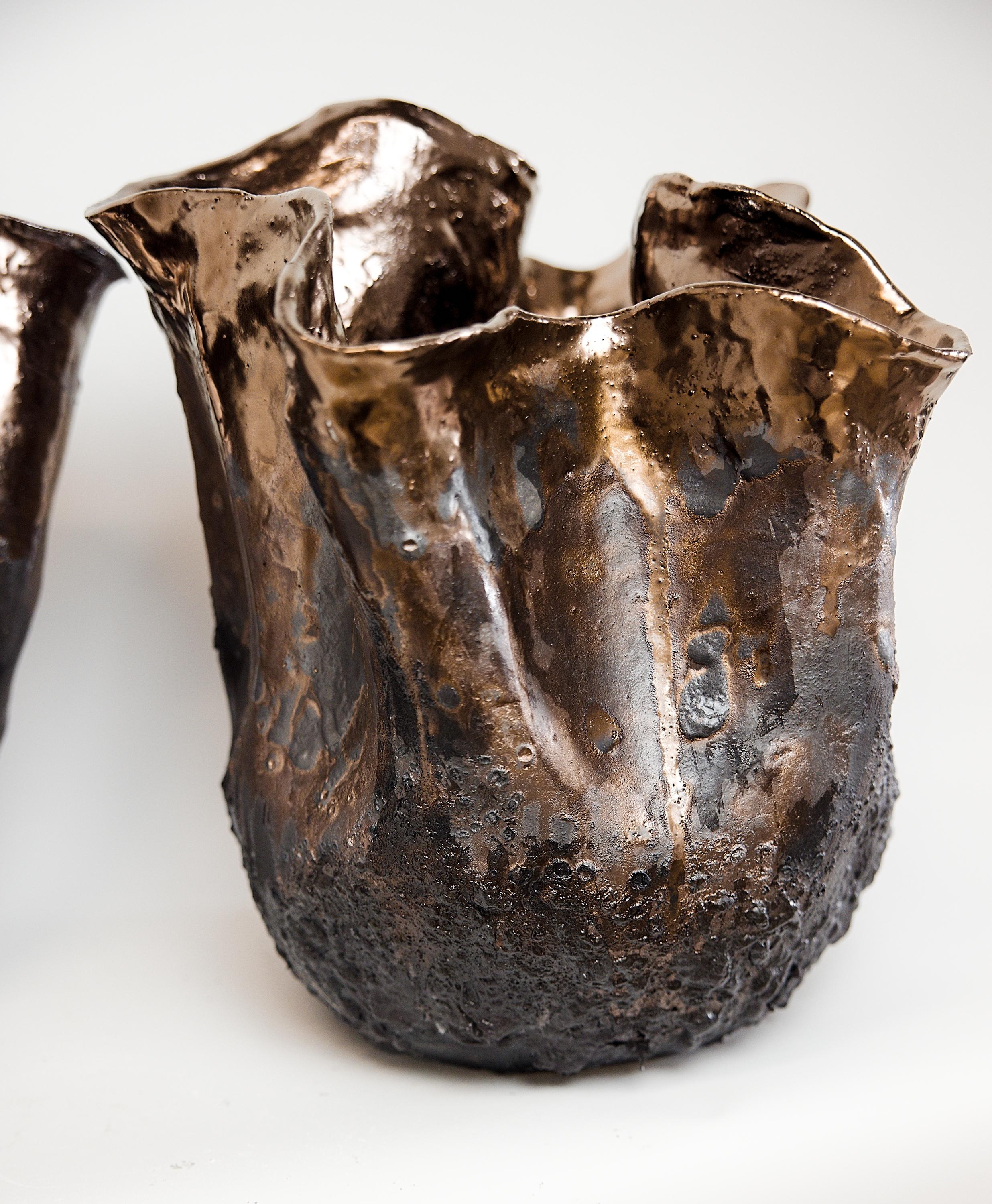 Organic Modern Forma Black Lava texture Vessels Rounded- Two Available For Sale