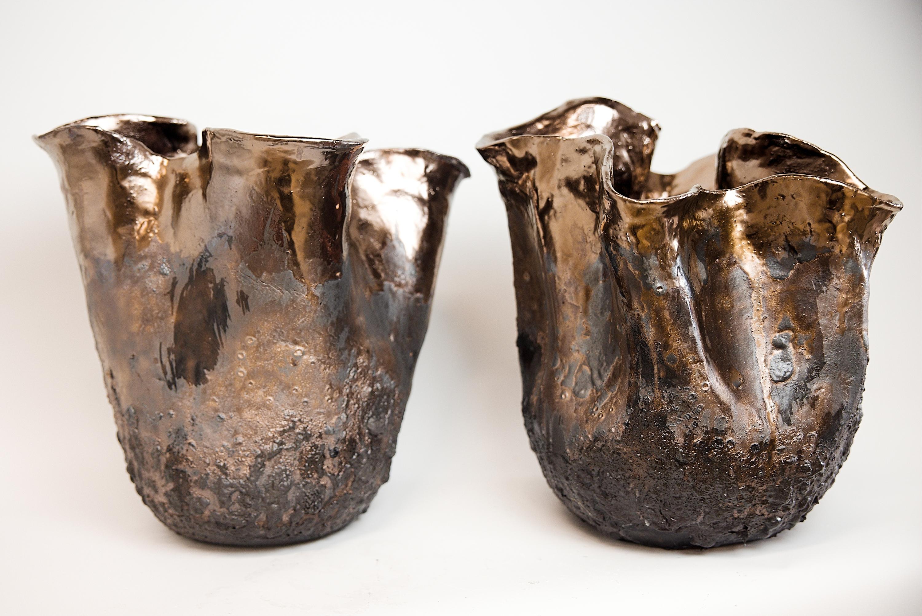 Ceramic Forma Black Lava texture Vessels Rounded- Two Available For Sale