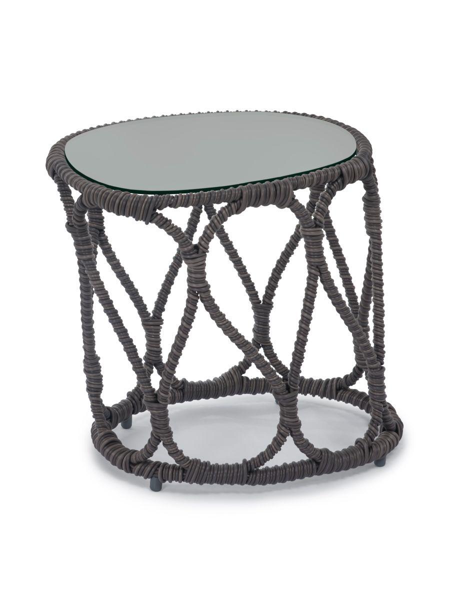 Forma end table by Kenneth Cobonpue
Materials: fiberglass, polyethelene, steel. 
Also available in colors: gray and white. 
Dimensions: 38 cm x 47 cm x H 40cm 

A contemporary collection perfect for both indoor and outdoor spaces, the balanced