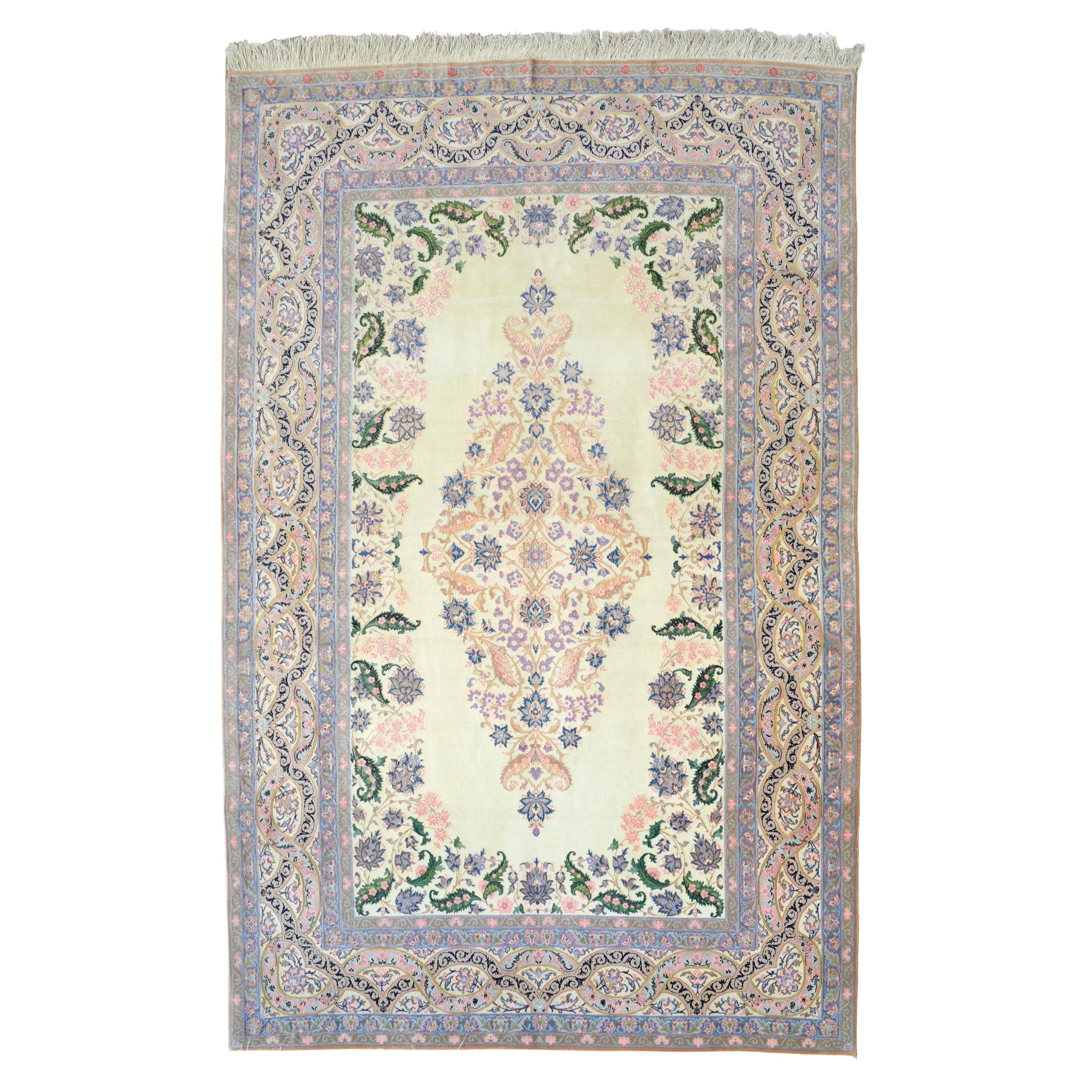 Handgeknüpfter persischer Isfahan-Teppich aus Wolle und Seide, lila und rosa, 5' x 7'