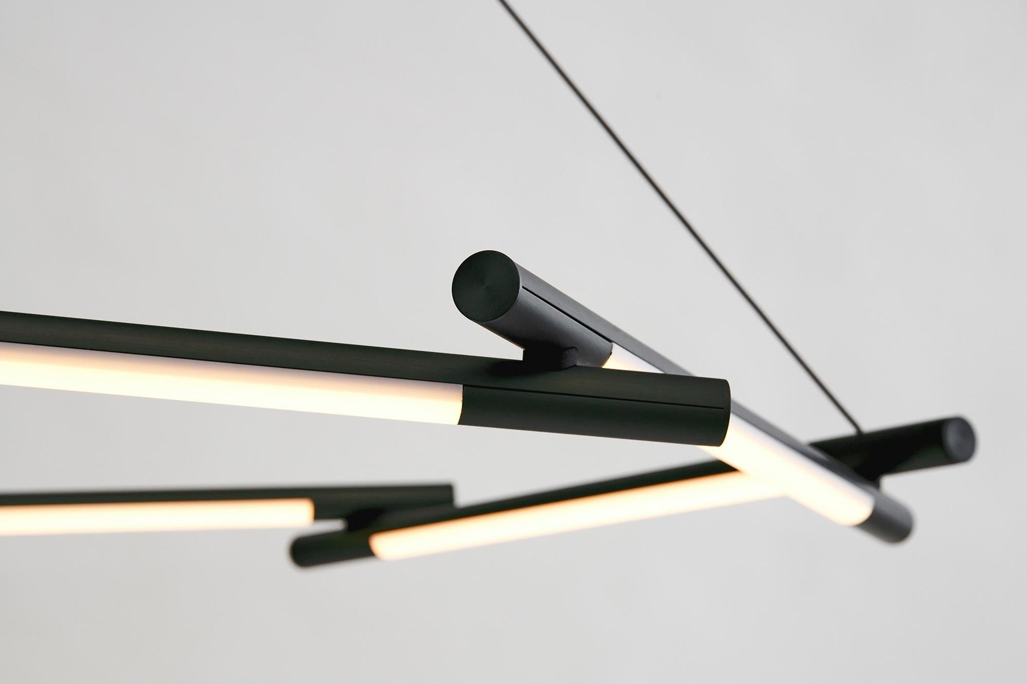 An angular, industrial take on a classic luxury object. A centrepiece to illuminate and elevate any space.
The core design is a set of interlocking extruded aluminium profiles. The dimmable LED source can provide either functional or ambient