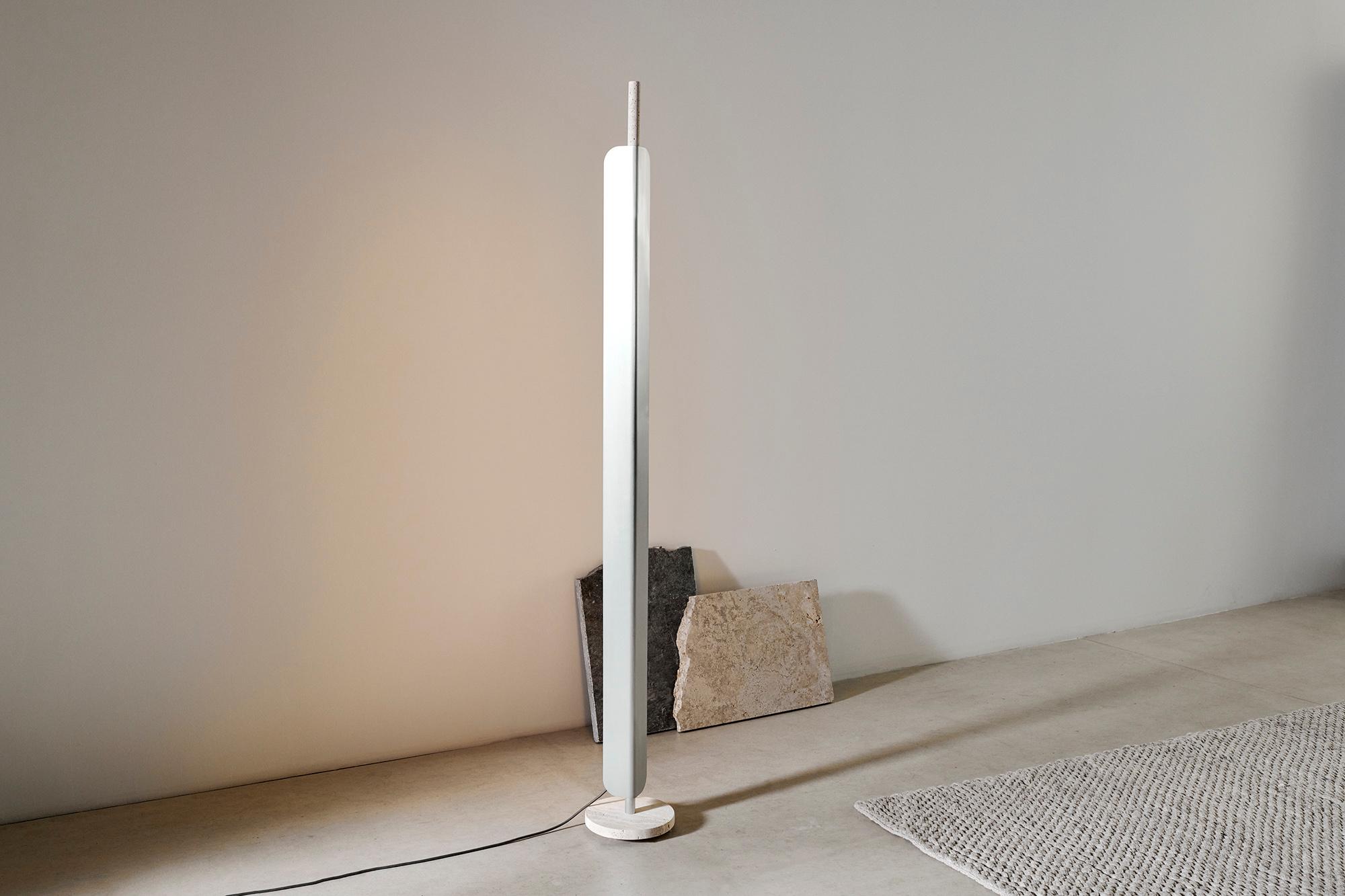 Hand-Crafted Formation Floor Lamp, LED Modern Light, Brushed Silver / Unfilled Travertine For Sale