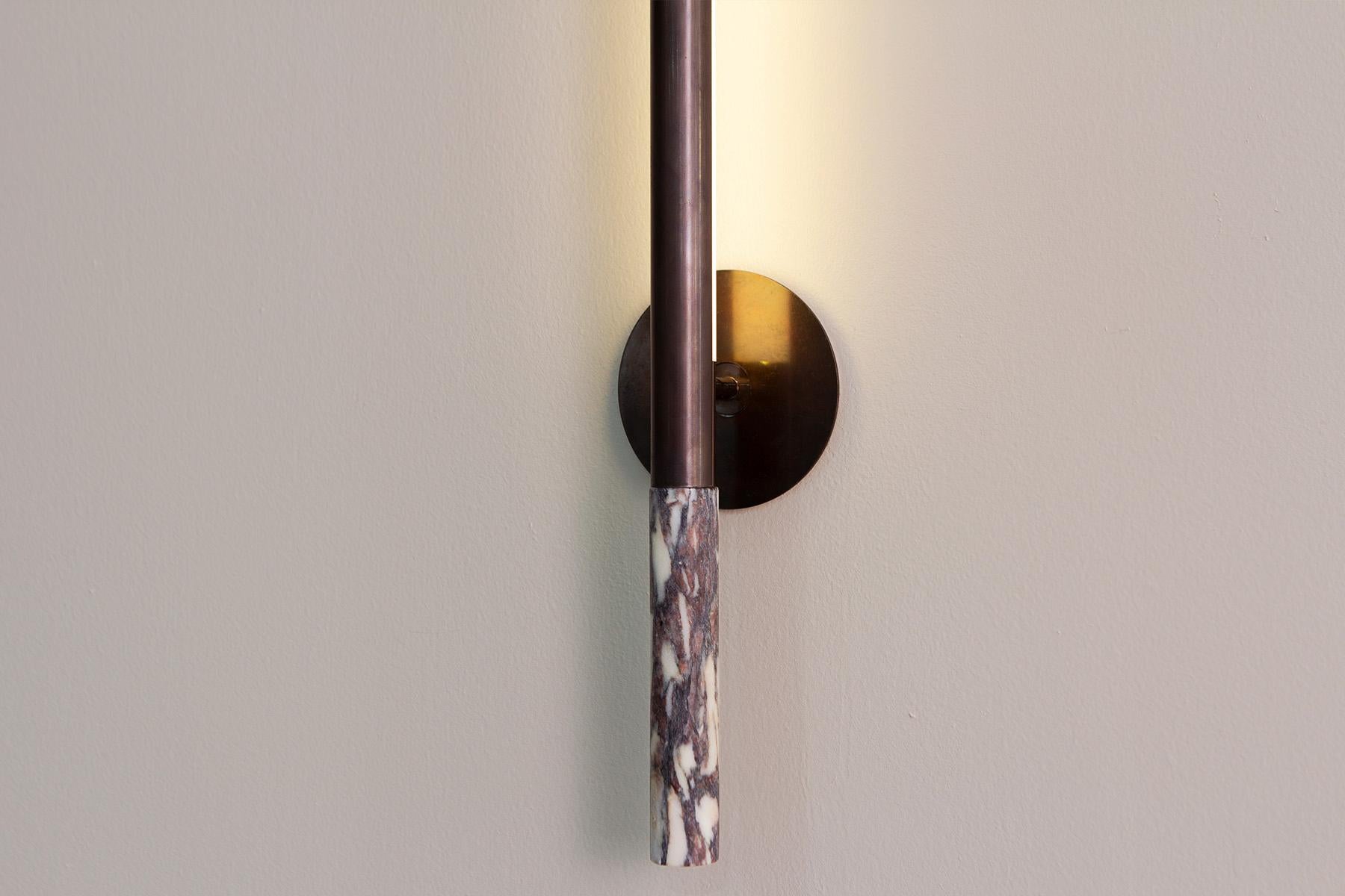 Modern Formation Wall Sconce LED Aluminum Marble Light Fixture, Bronze, Viola marble For Sale