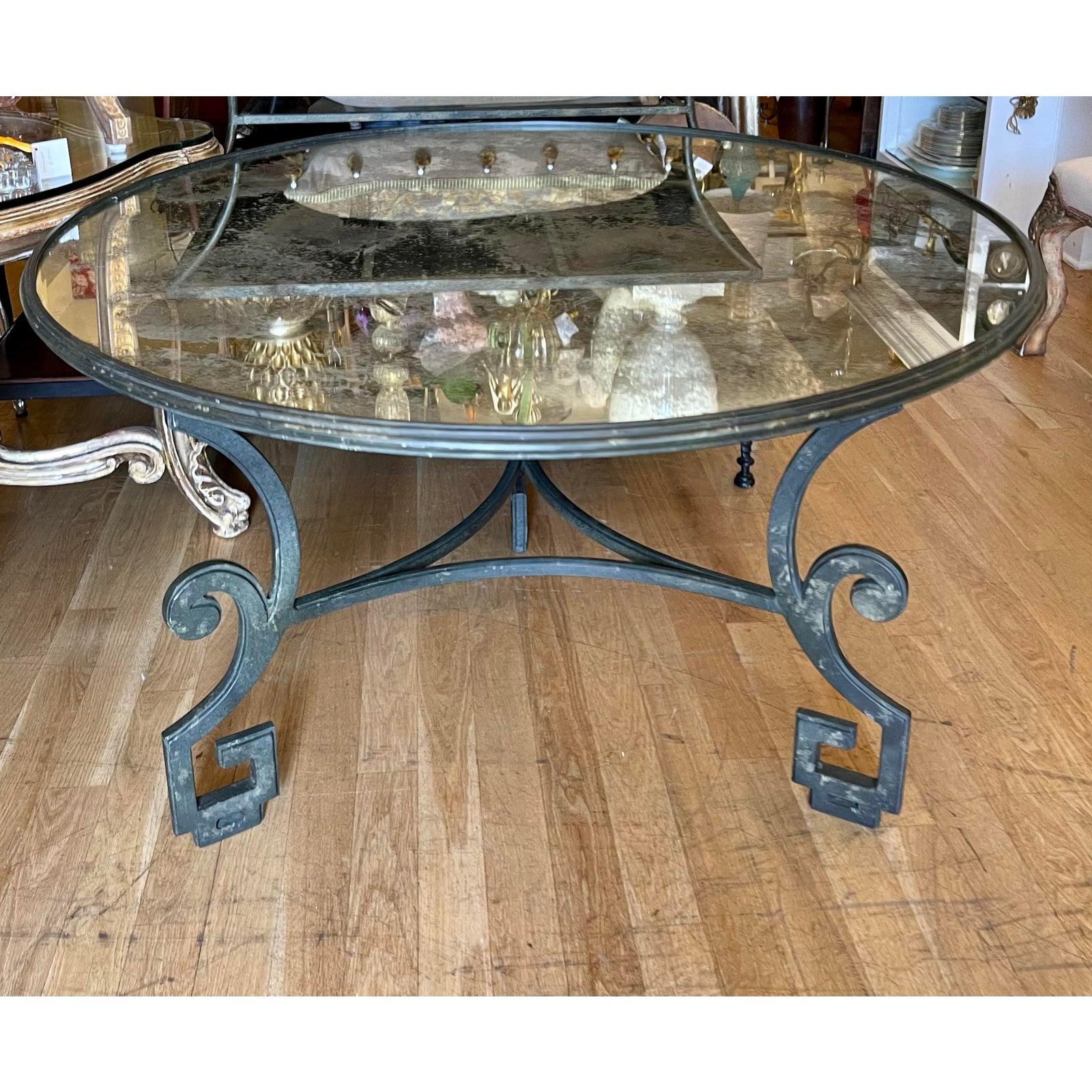 Formations Greek key antiqued mirror top wrought iron dining table.