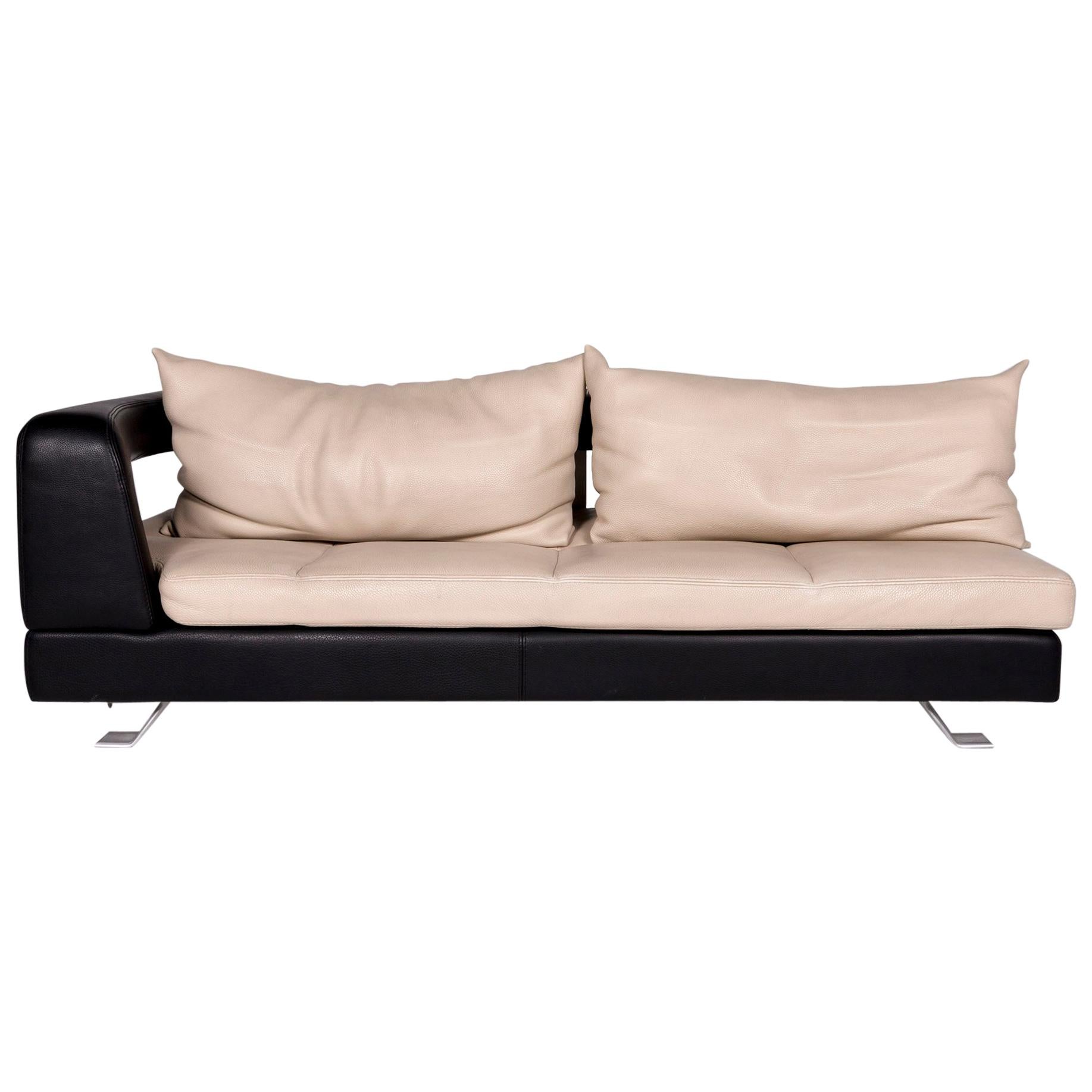 Formenti Leather Sofa Cream Dark Brown Three-Seat Couch For Sale