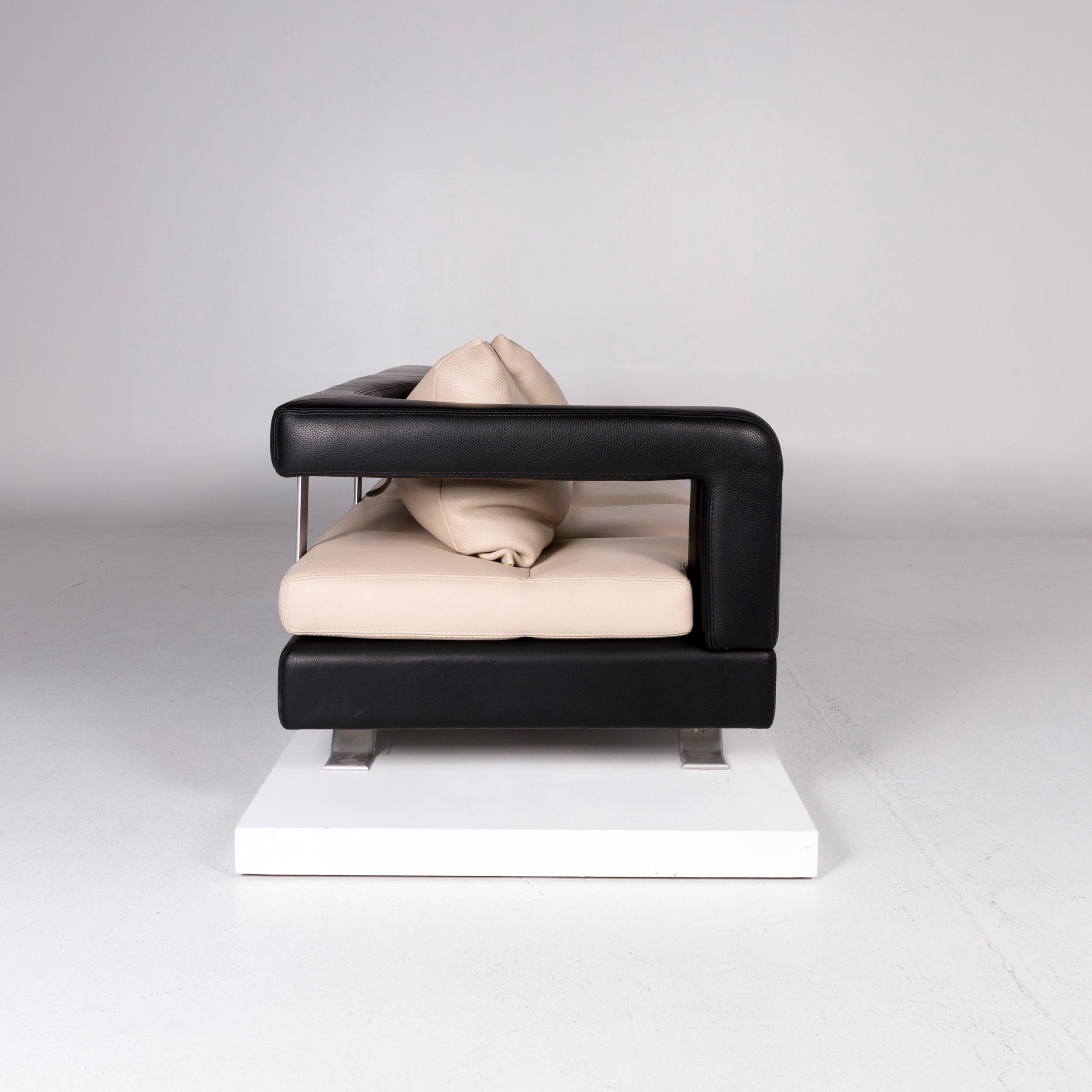 Modern Formenti Leather Sofa Cream Dark Brown Three-Seat Couch For Sale