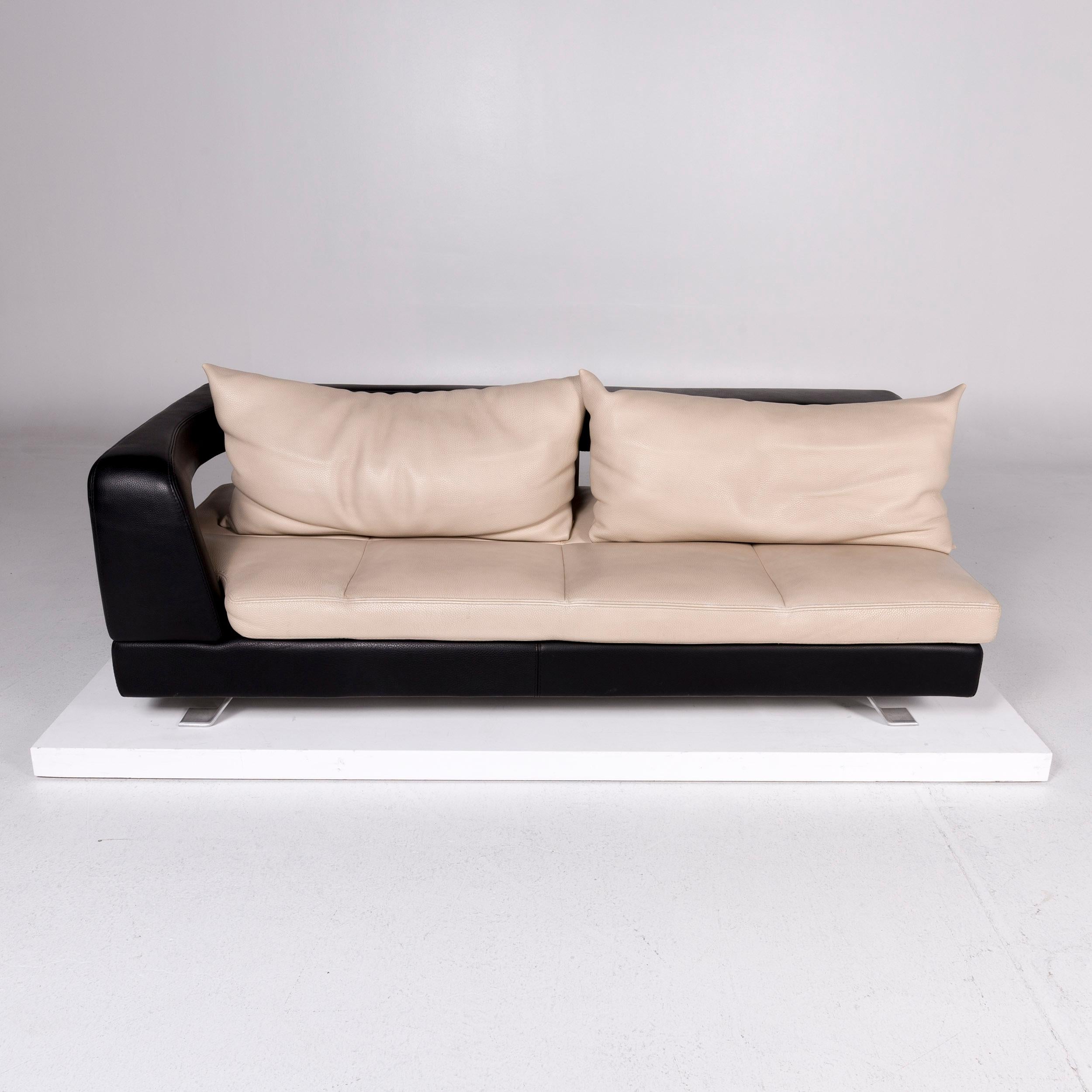 European Formenti Leather Sofa Set Cream Dark Brown 1 Three-Seat 1 Stool