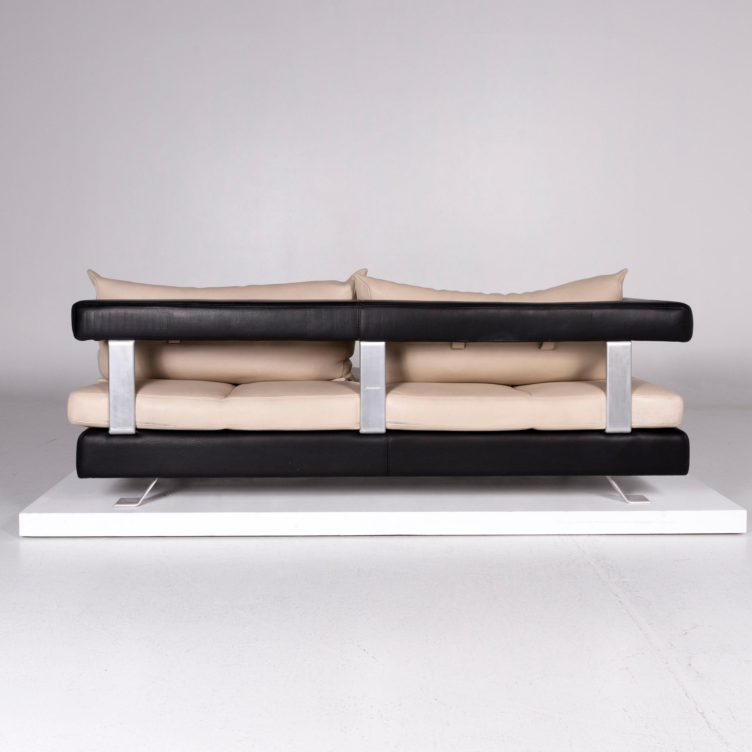 Contemporary Formenti Leather Sofa Set Cream Dark Brown 1 Three-Seat 1 Stool