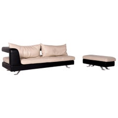 Formenti Leather Sofa Set Cream Dark Brown 1 Three-Seat 1 Stool