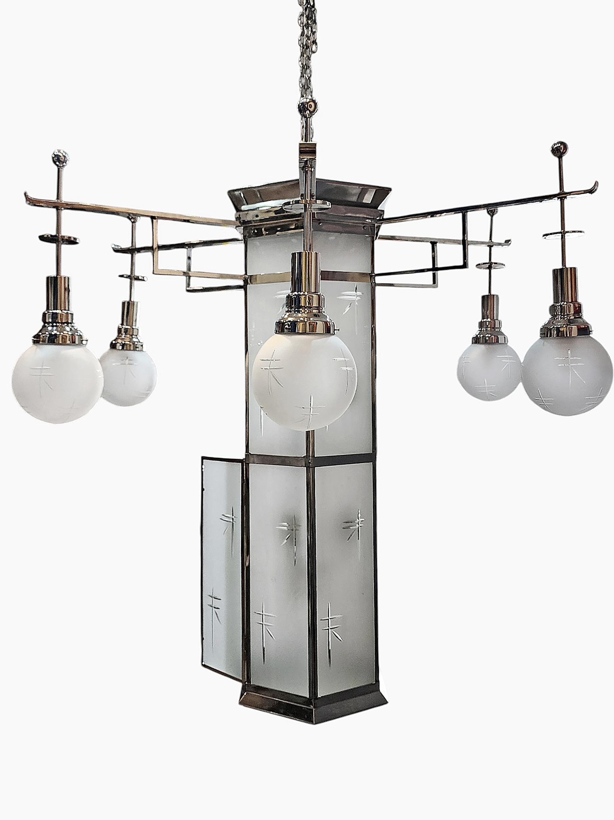 Art Deco Former Palacio Sudamérica's Art Déco Metal and Glass Lighting Fixture, Uruguay For Sale