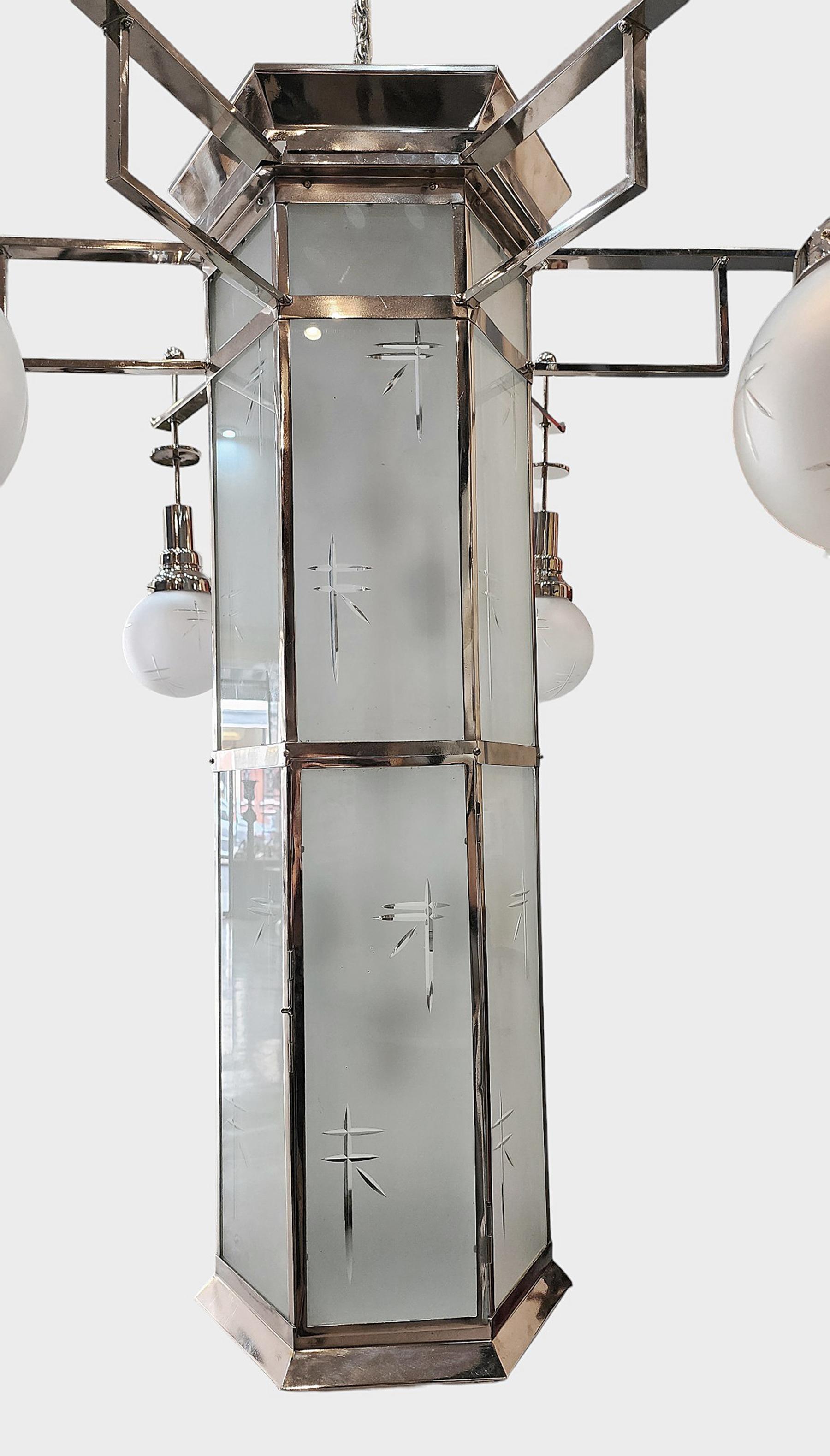 Former Palacio Sudamérica's Art Déco Metal and Glass Lighting Fixture, Uruguay For Sale 2