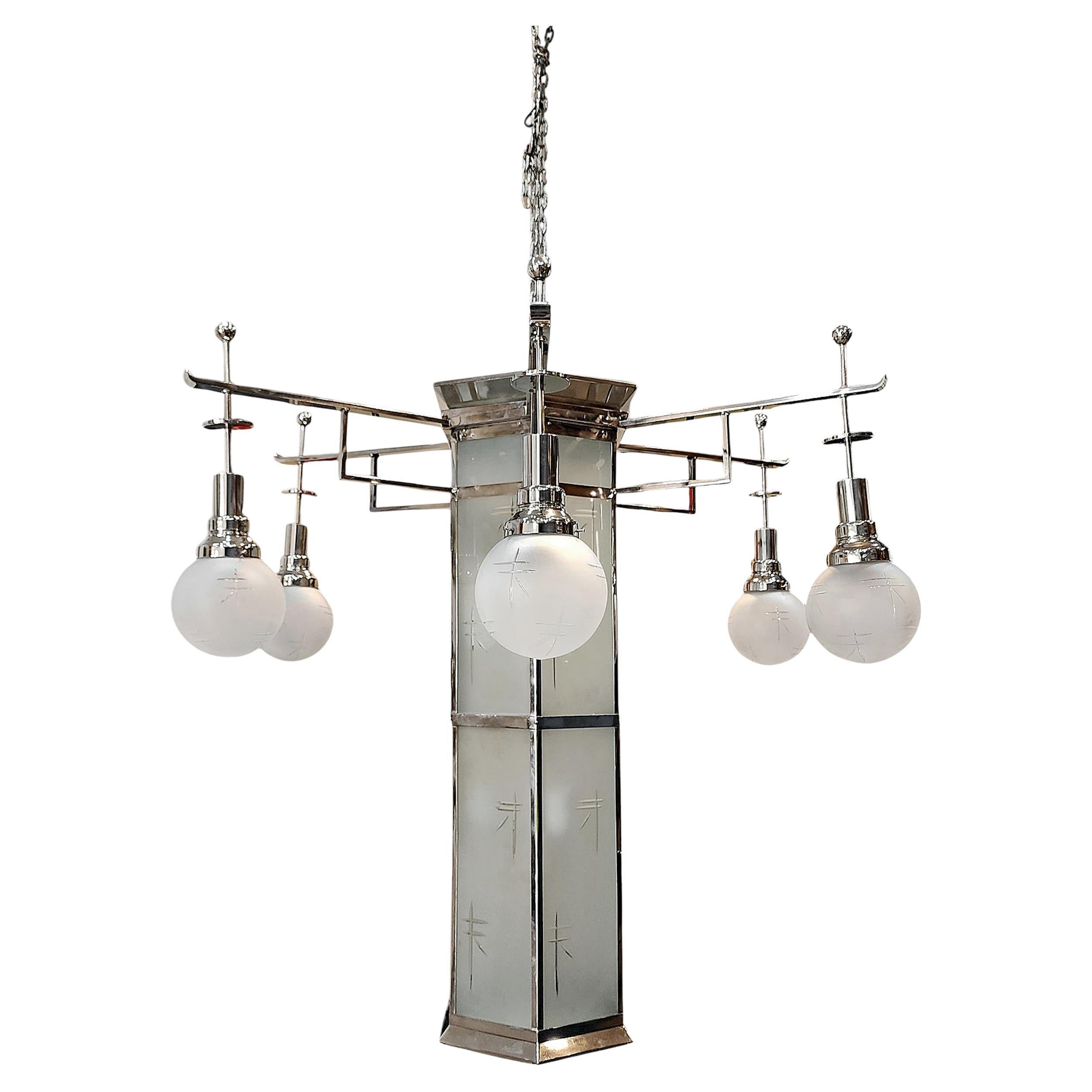Former Palacio Sudamérica's Art Déco Metal and Glass Lighting Fixture, Uruguay For Sale