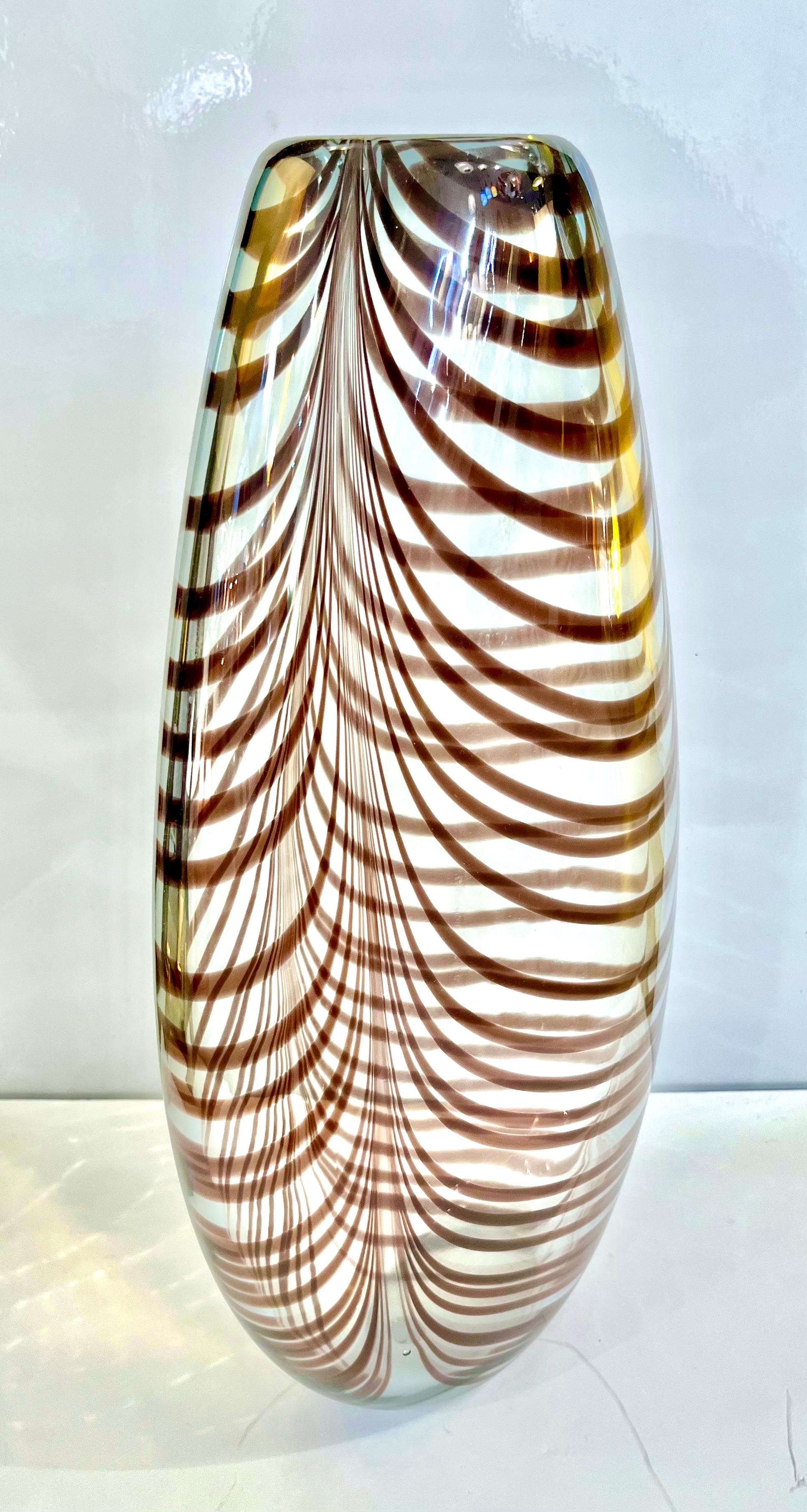Formia 1970s Feather Decorated Purple Brown Crystal Murano Art Glass Vase 6