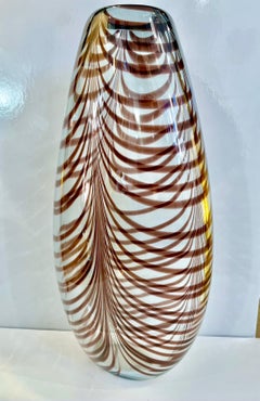 Formia Jarrón de cristal de Murano de los años 70 decorado con plumas púrpura y marrón