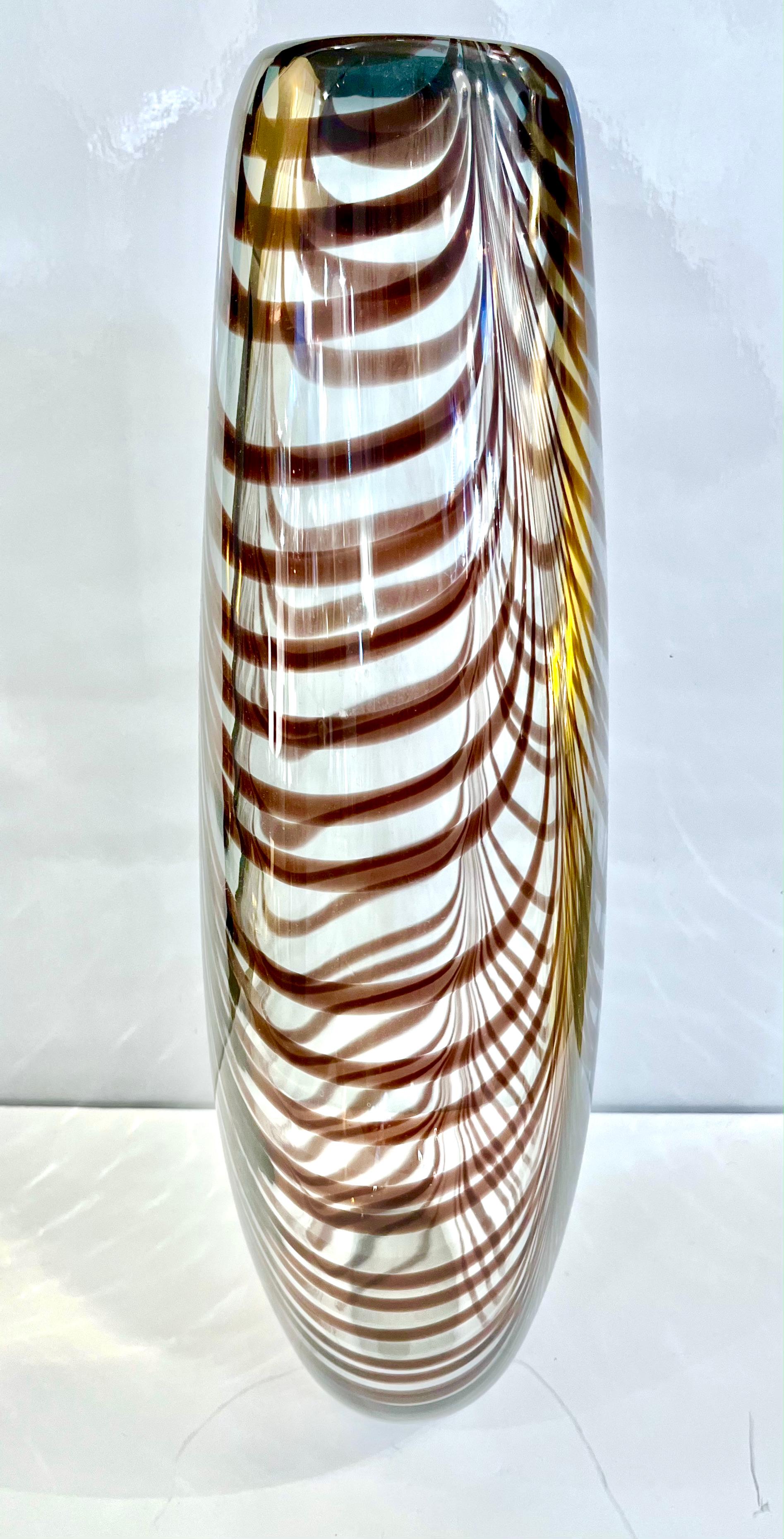 Organic Modern Formia 1970s Feather Decorated Purple Brown Crystal Murano Art Glass Vase