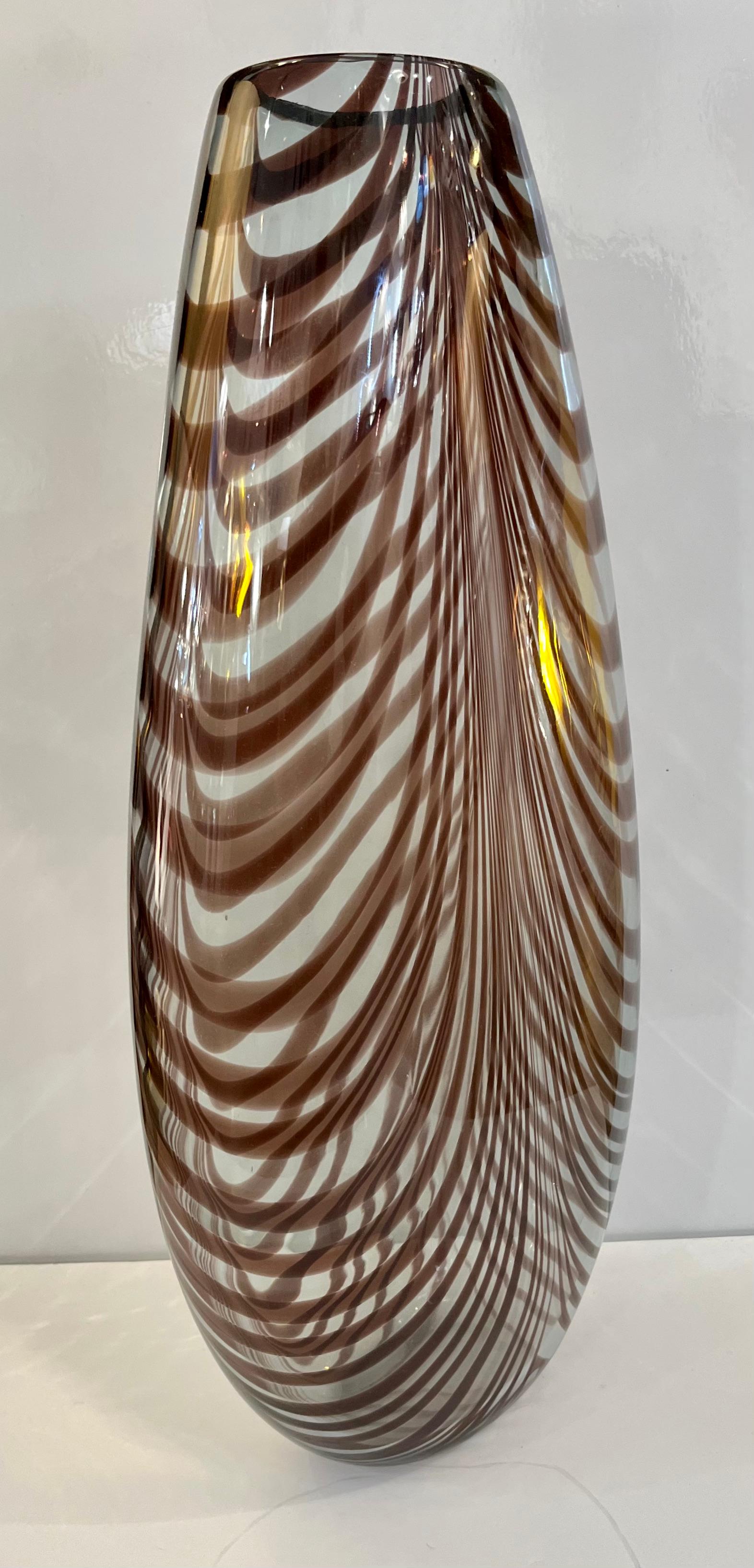Italian Formia 1970s Feather Decorated Purple Brown Crystal Murano Art Glass Vase
