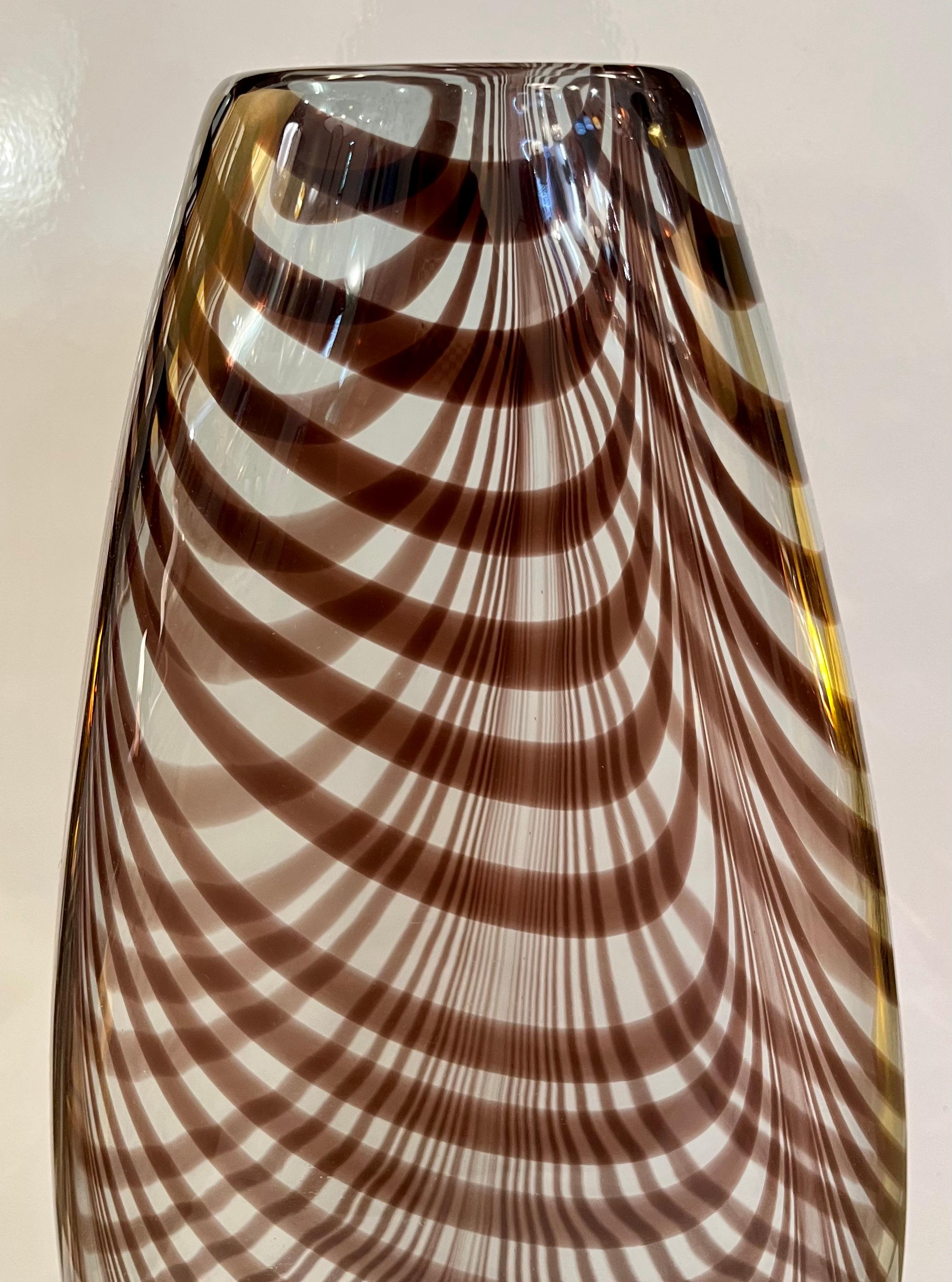 Formia 1970s Feather Decorated Purple Brown Crystal Murano Art Glass Vase In Excellent Condition In New York, NY